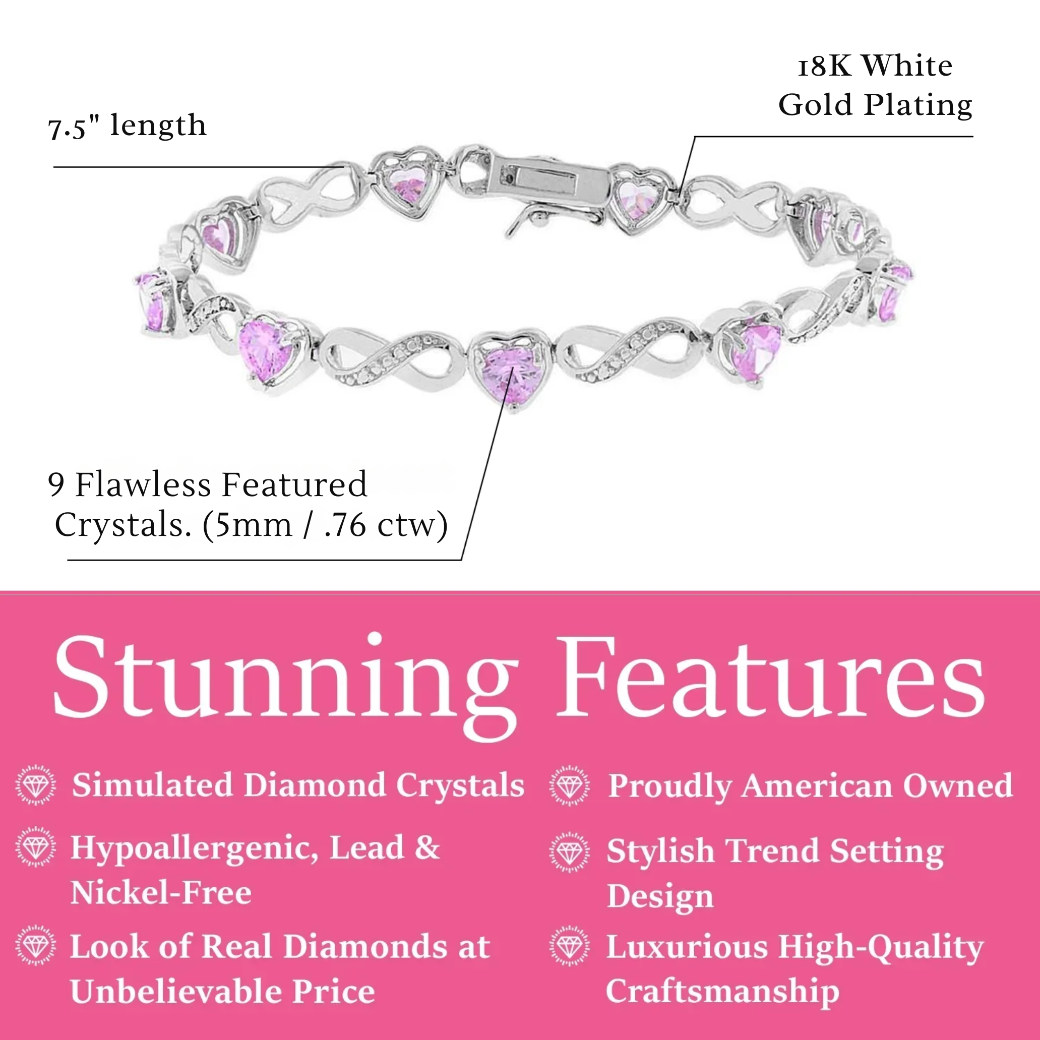 Amanda 18k White Gold Plated Infinity Heart Tennis Bracelet with Simulated Diamond Crystals