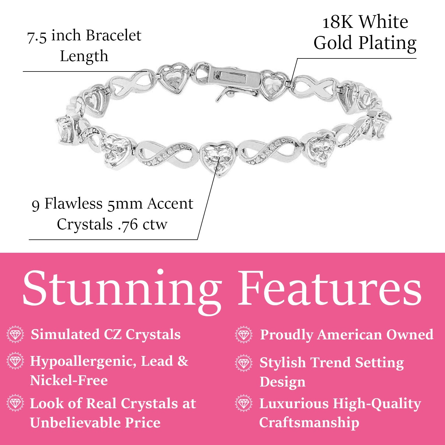 Amanda 18k White Gold Plated Infinity Heart Tennis Bracelet with Simulated Diamond Crystals