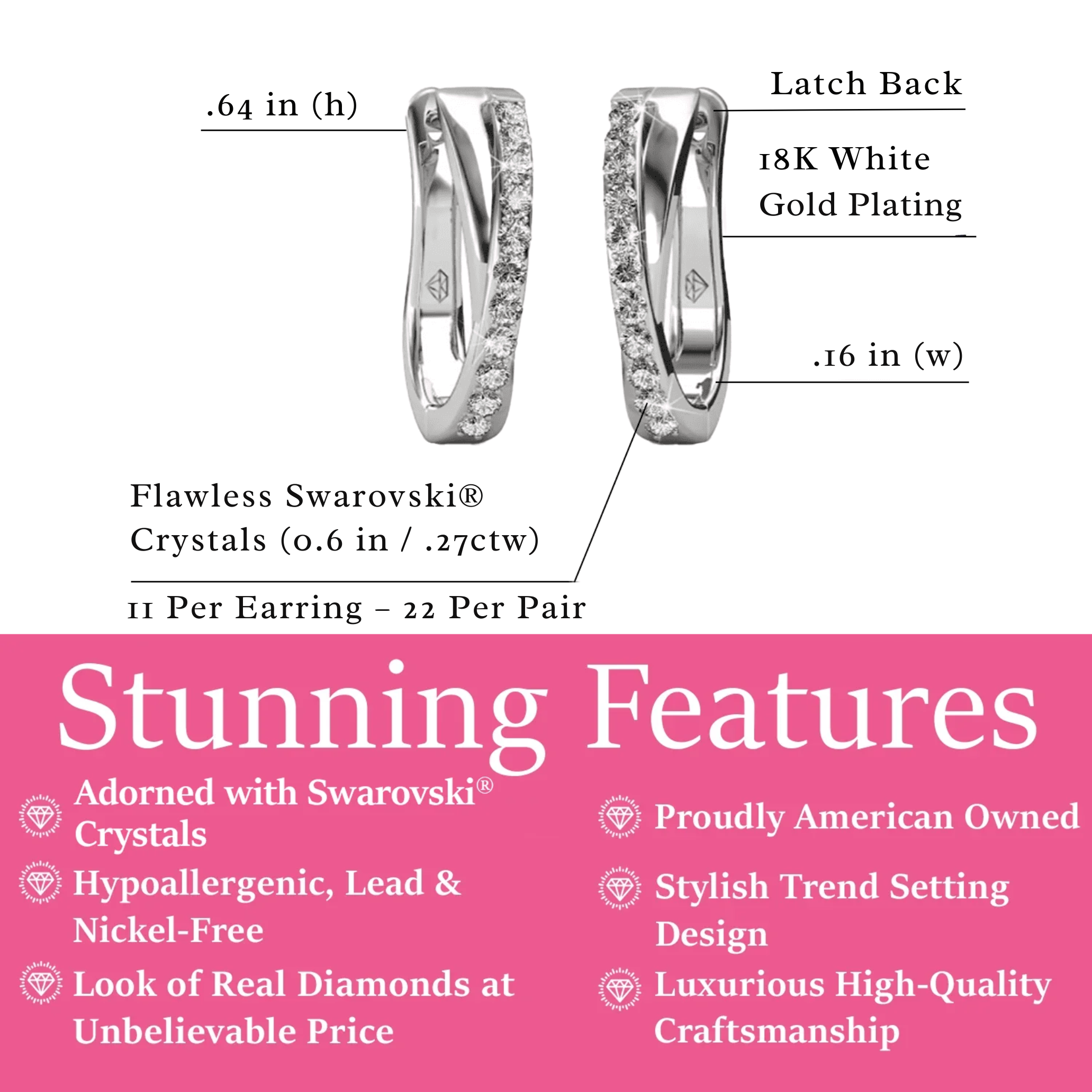 Amaya 18k White Gold Plated 16mm Twisted Hoop Earrings with Swarovski Crystals