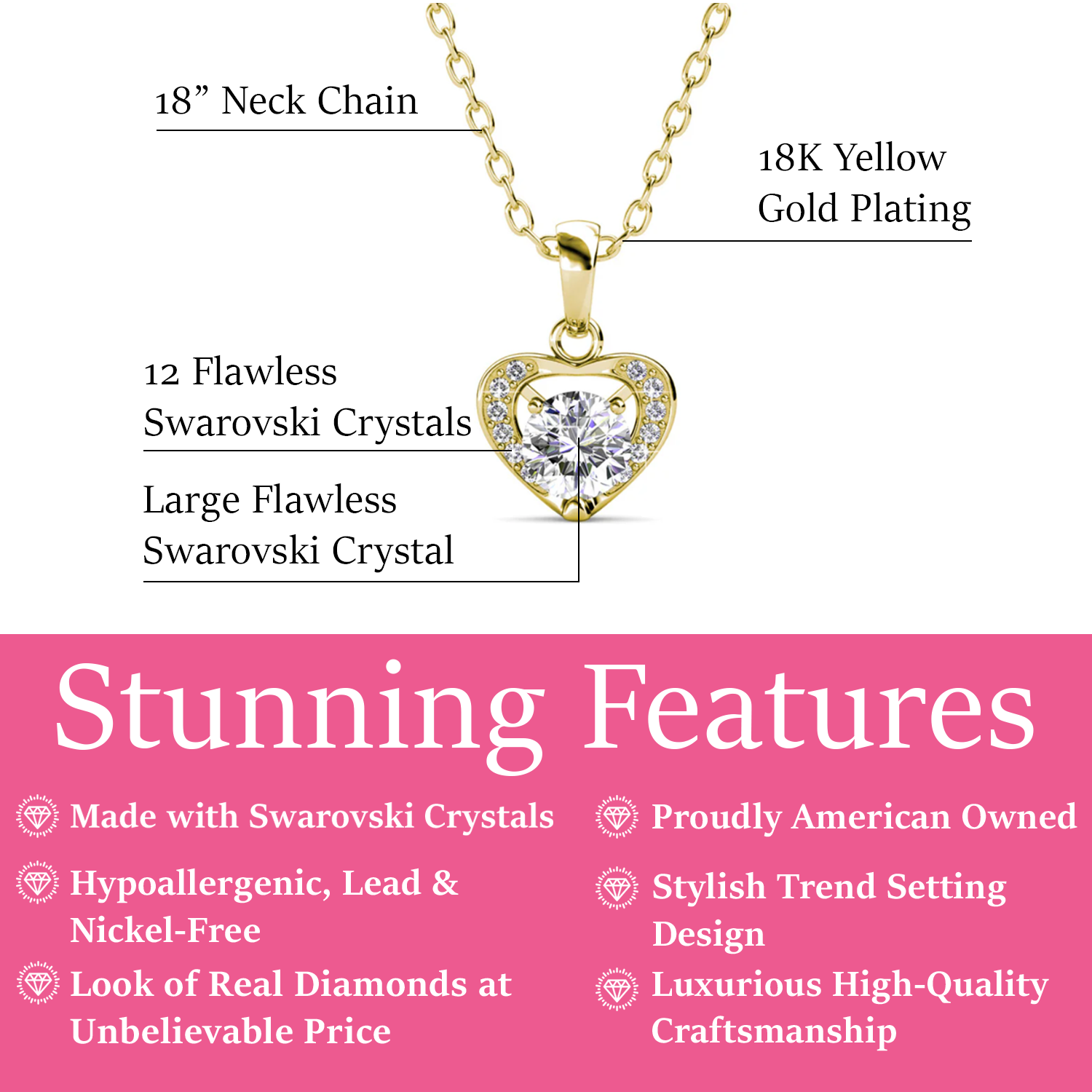 Amberly 18k White Gold Plated Heart Pendant Necklace with Solitaire Round Cut Swarovski Crystals