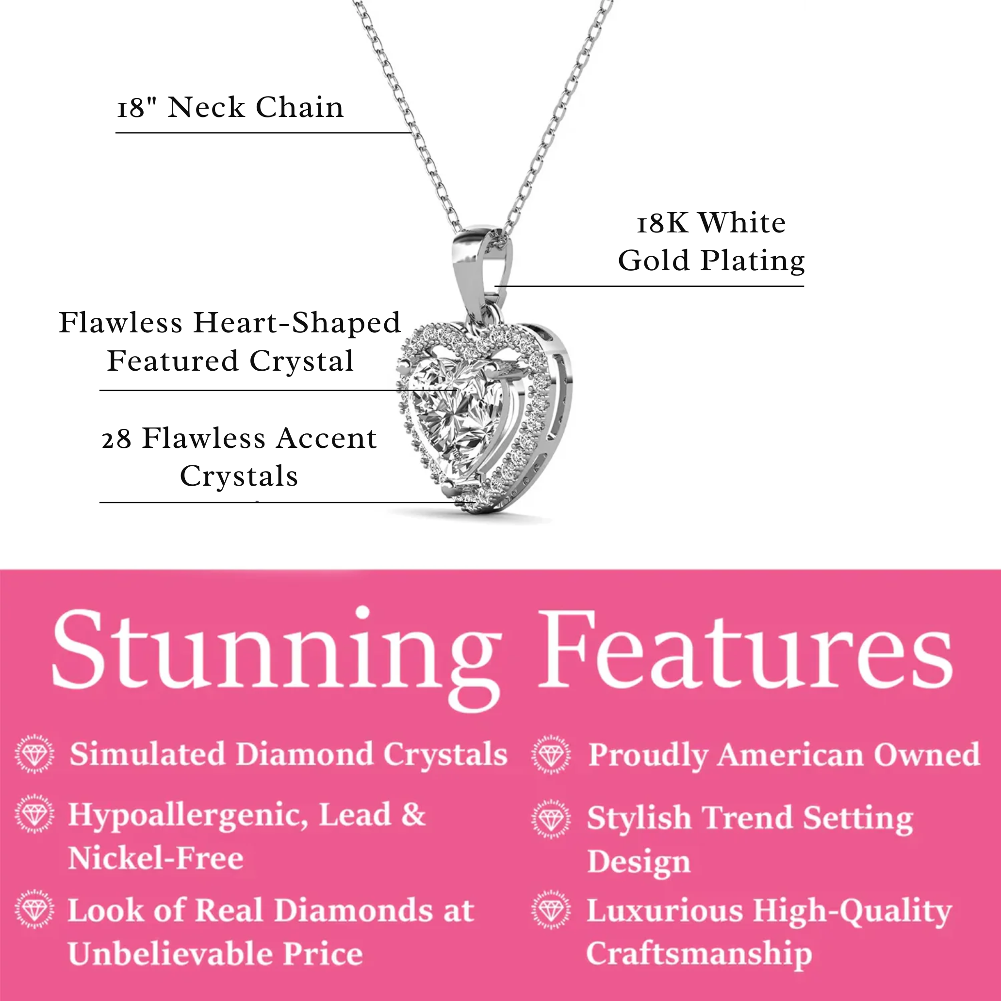Amora 18k White Gold Plated Halo Heart Pendant Necklace with Simulated Diamond Crystals