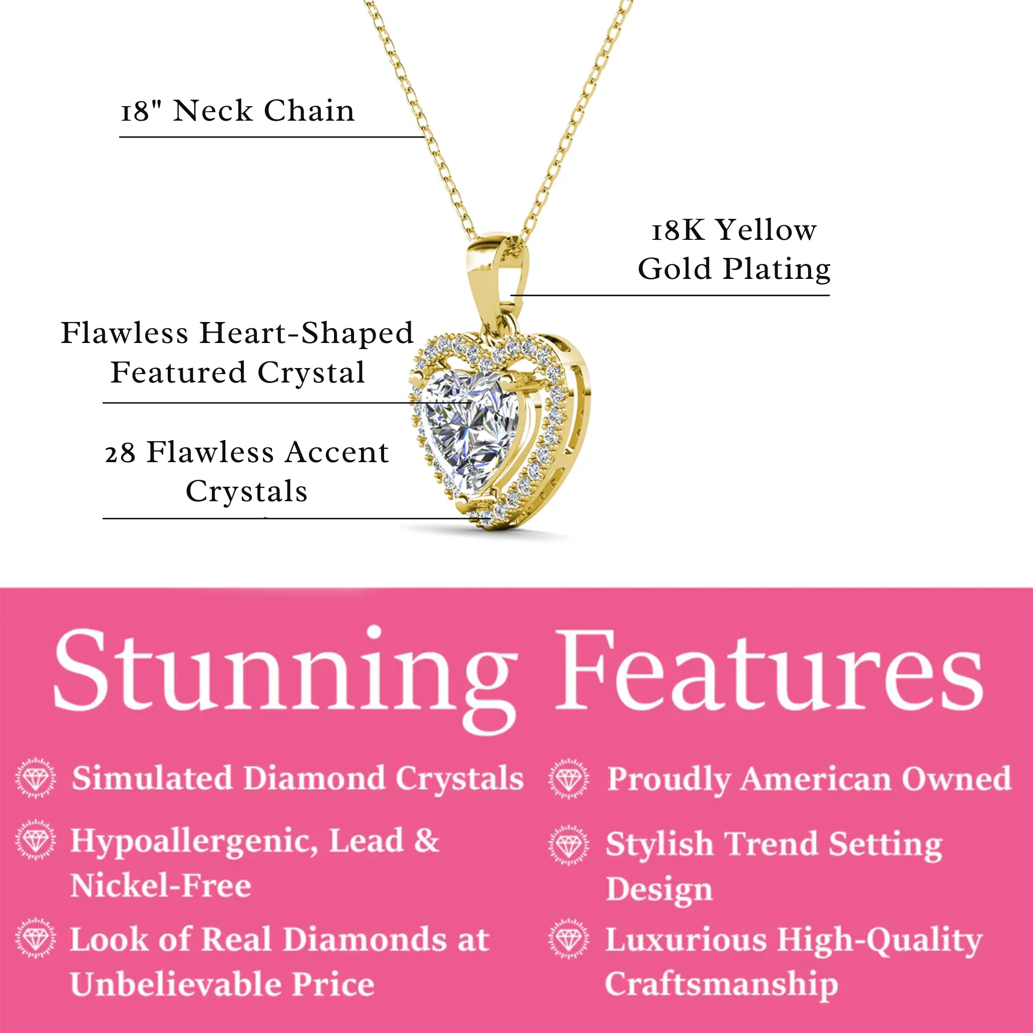 Pack of 3 - Amora 18k Gold Plated Heart Pendant Necklace with Simulated Diamond Crystals