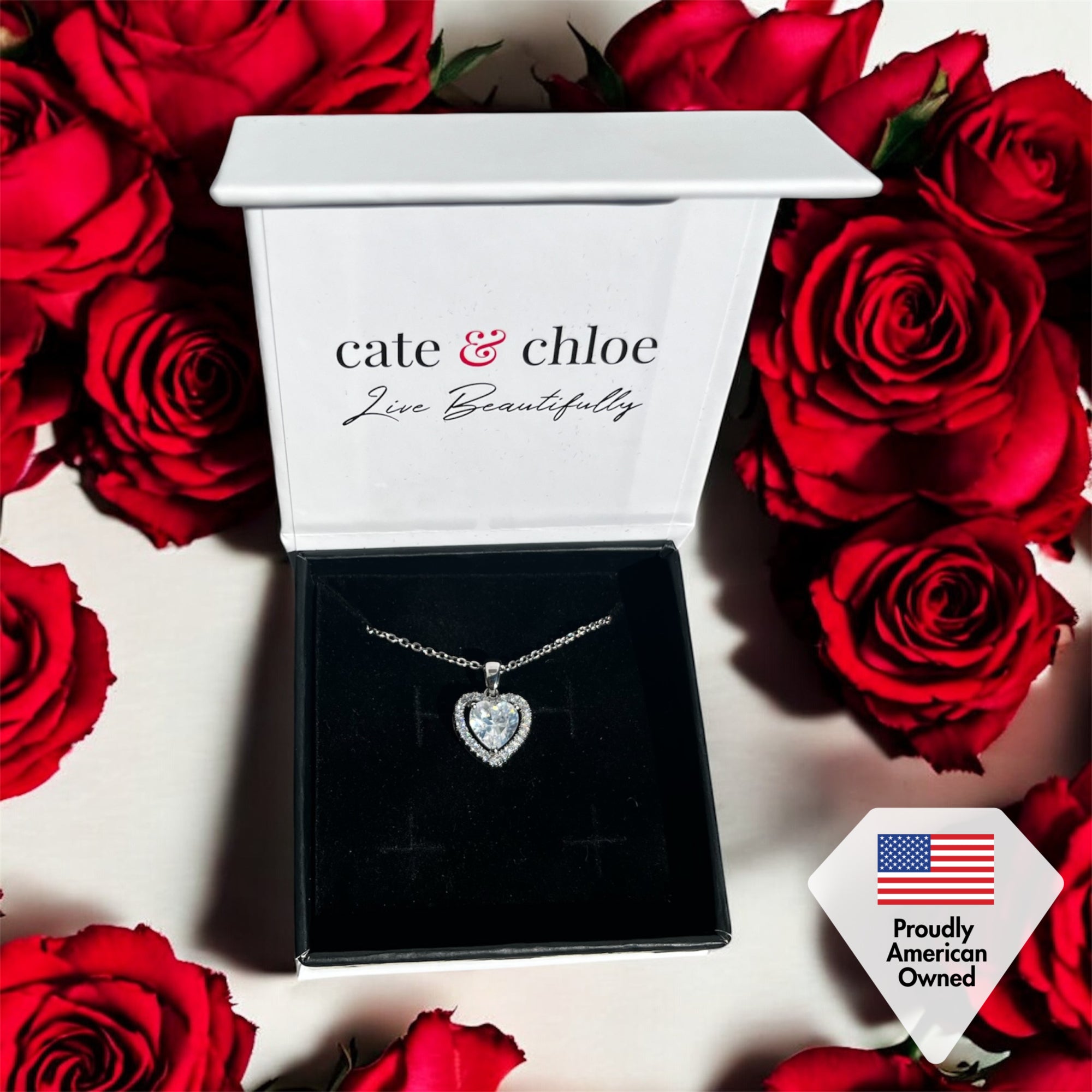 Amora 18k 白金镀金光环心形吊坠项链配 CZ 水晶