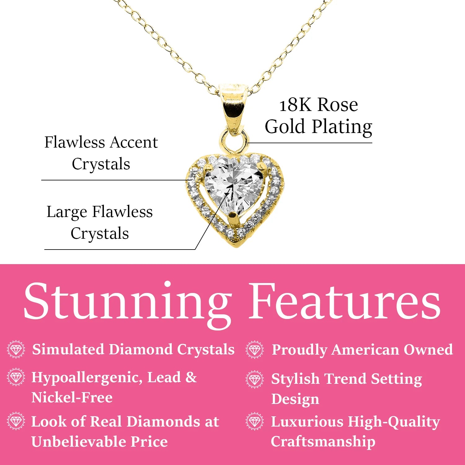 Amora 18k White Gold Plated Halo Heart Pendant Necklace with Simulated Diamond Crystals