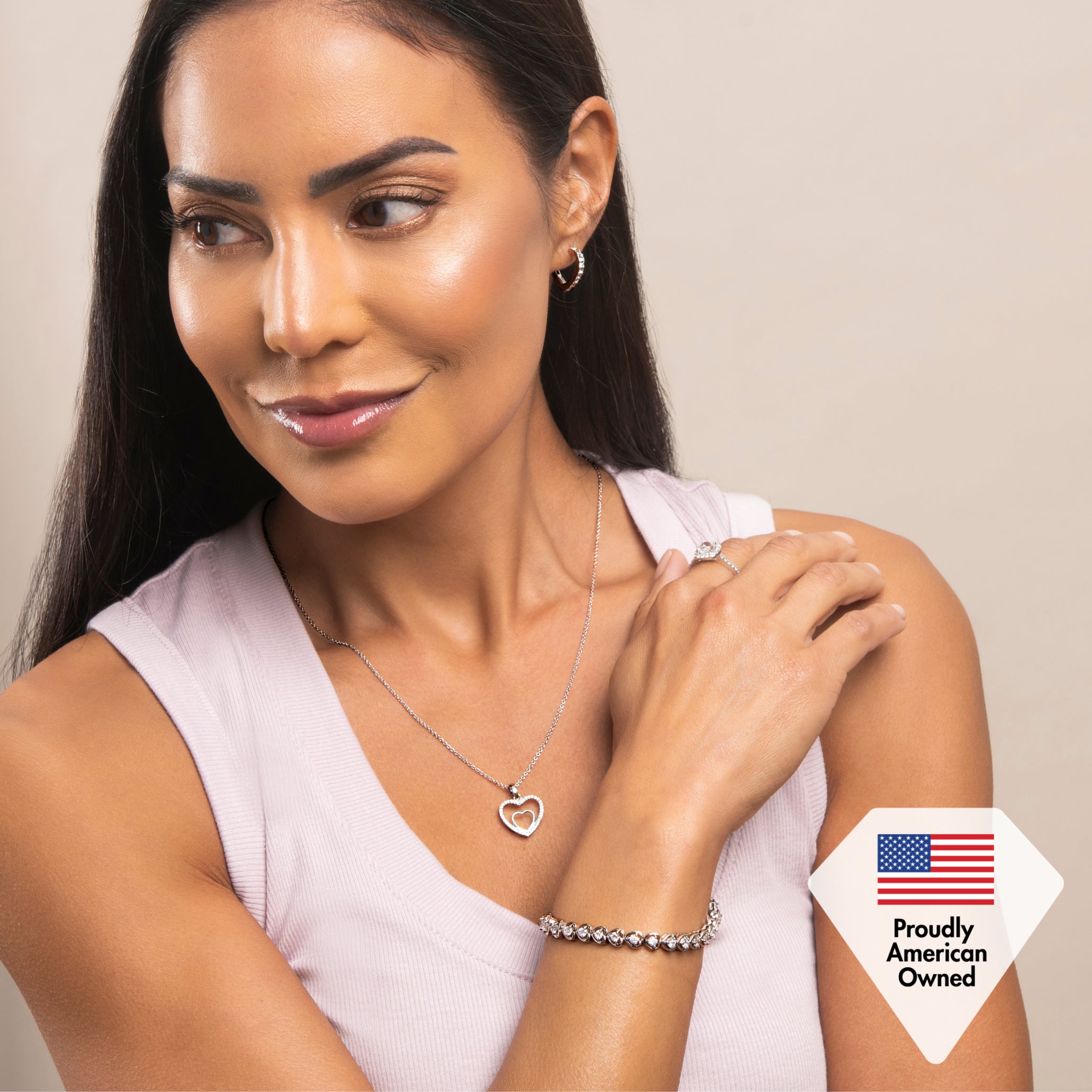 Amorette 18k White Gold Plated Double Heart Pendant Necklace with Simulated Diamond Crystals & Heartfelt Message for Mom