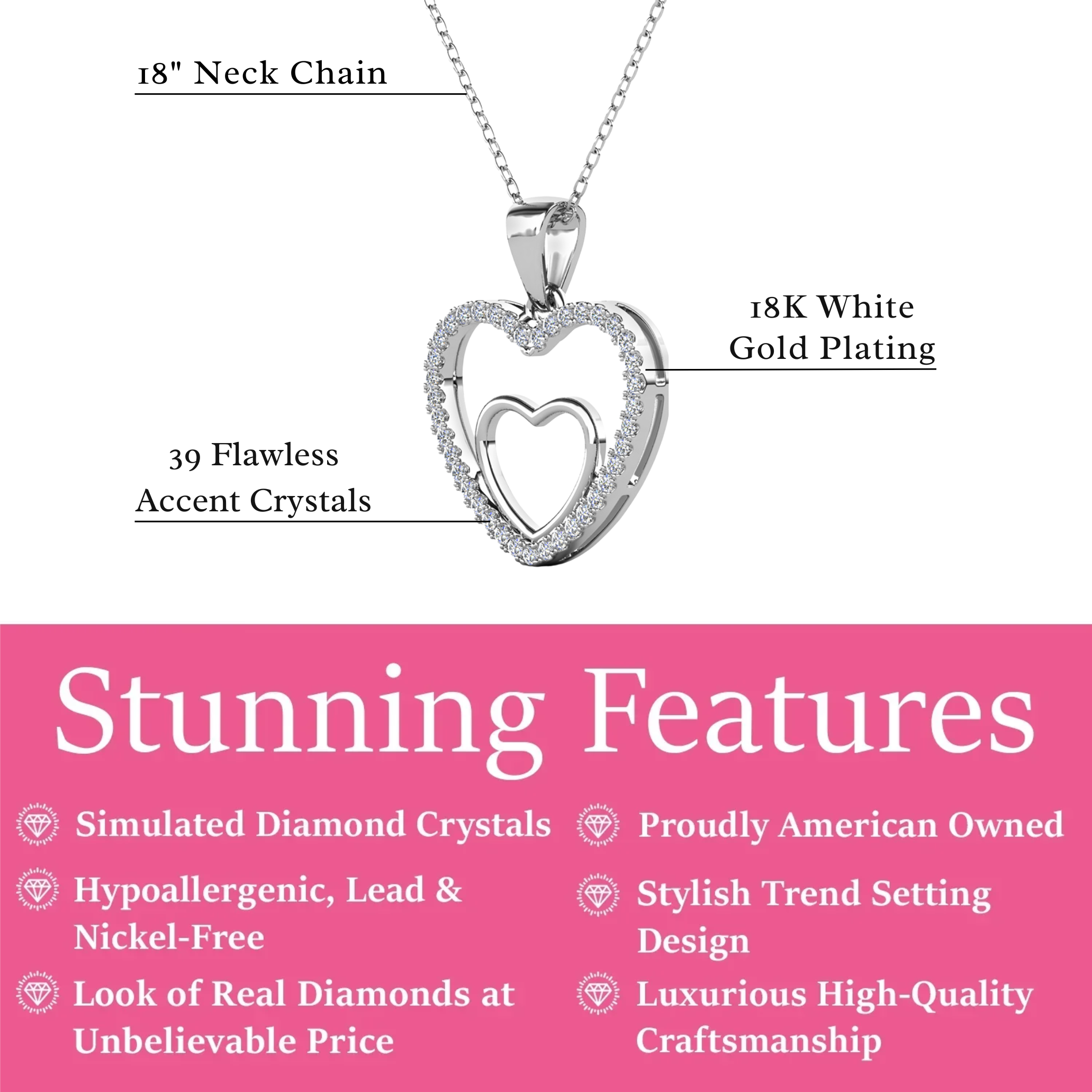 Amorette 18k White Gold Plated Double Heart Pendant Necklace with Simulated Diamond Crystals & Heartfelt Message for Mom