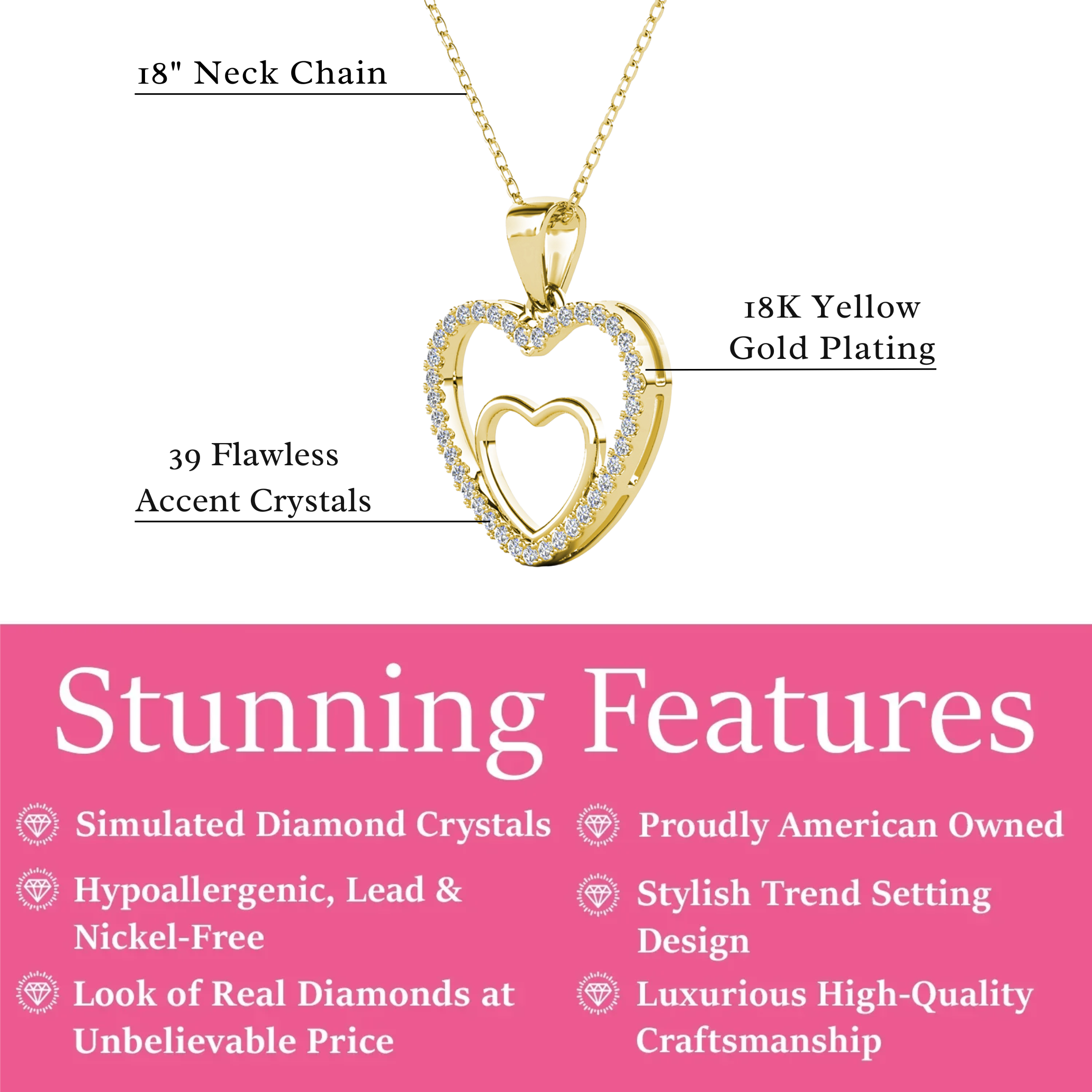 Amorette 18k White Gold Plated Double Heart Pendant Necklace with Pave Simulated Diamond Crystals