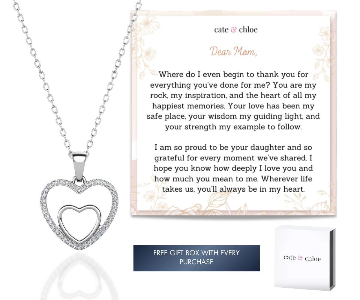 Amorette 18k White Gold Plated Double Heart Pendant Necklace with Simulated Diamond Crystals & Sentimental Message for Mom