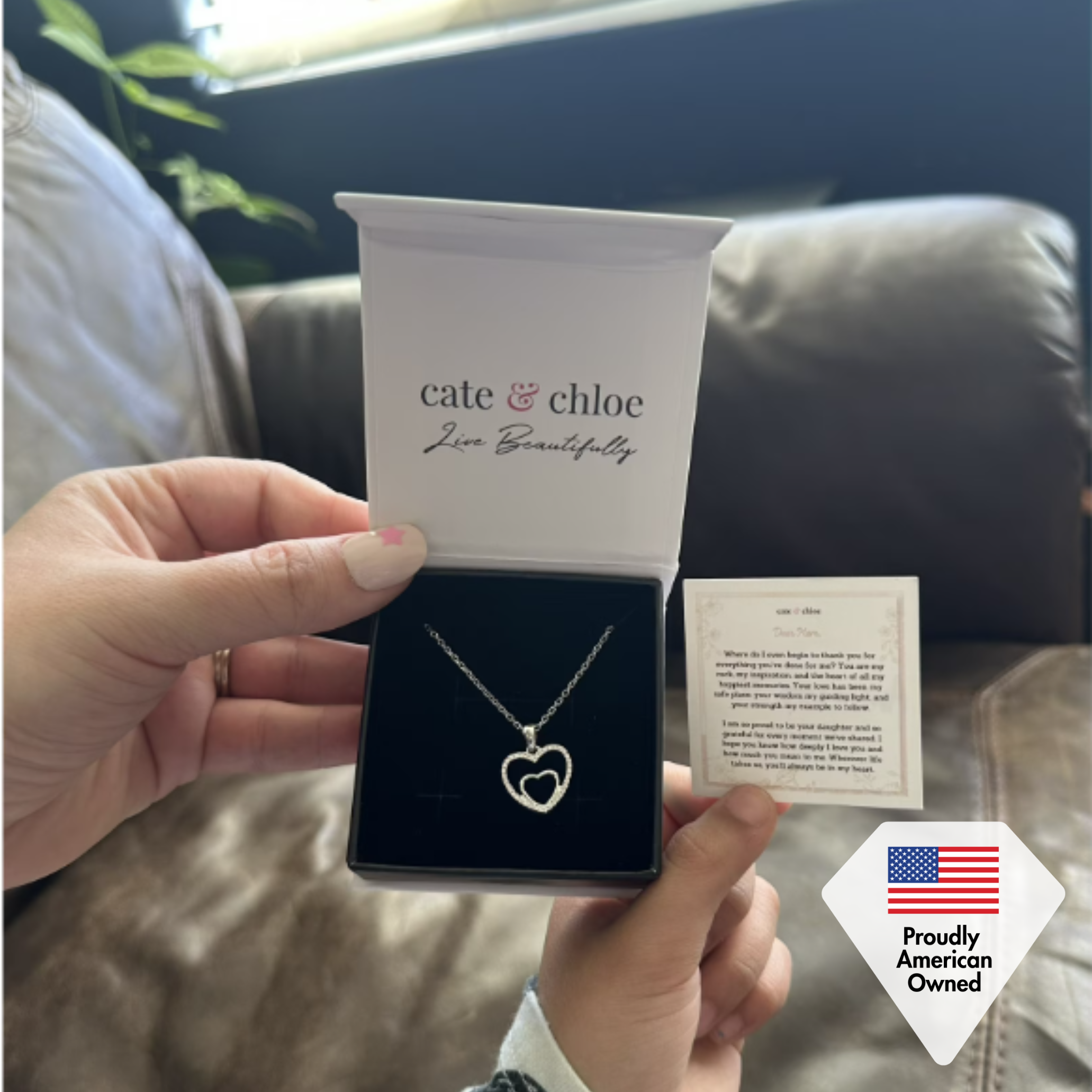 Amorette 18k White Gold Plated Double Heart Pendant Necklace with Simulated Diamond Crystals & Heartfelt Message for Mom