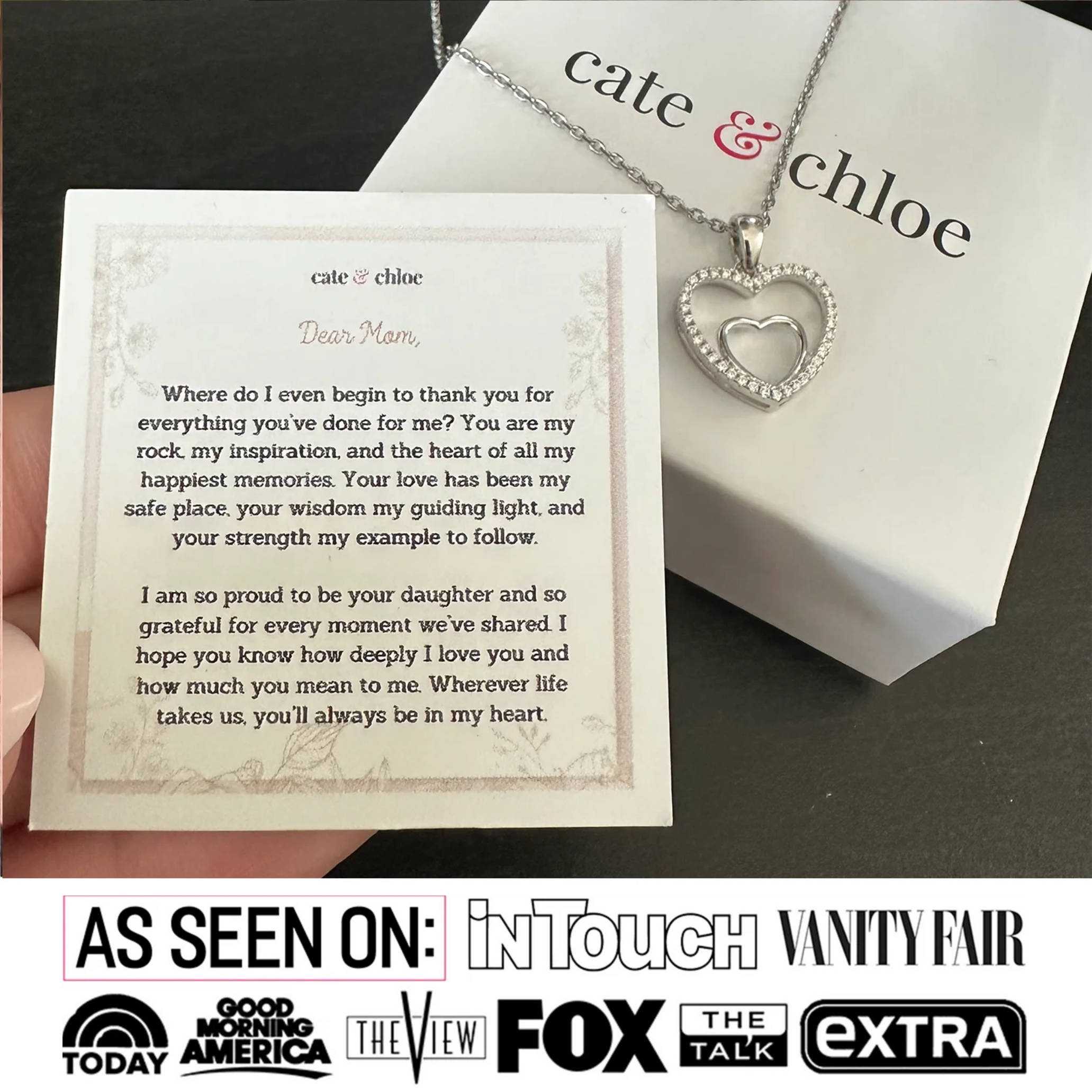 Amorette 18k White Gold Plated Double Heart Pendant Necklace with Simulated Diamond Crystals & Sentimental Message for Mom