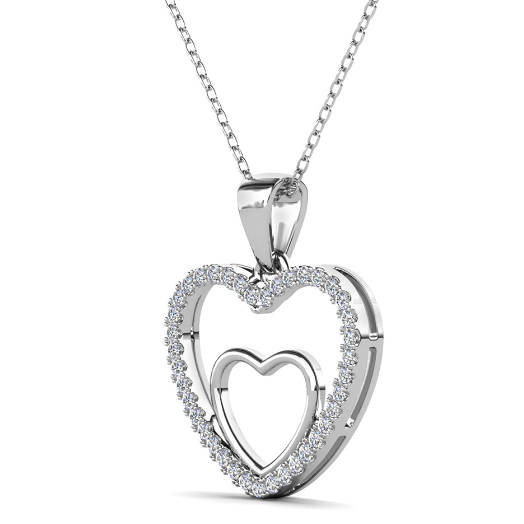 Amorette 18k White Gold Plated Double Heart Pendant Necklace with Pave Simulated Diamond Crystals