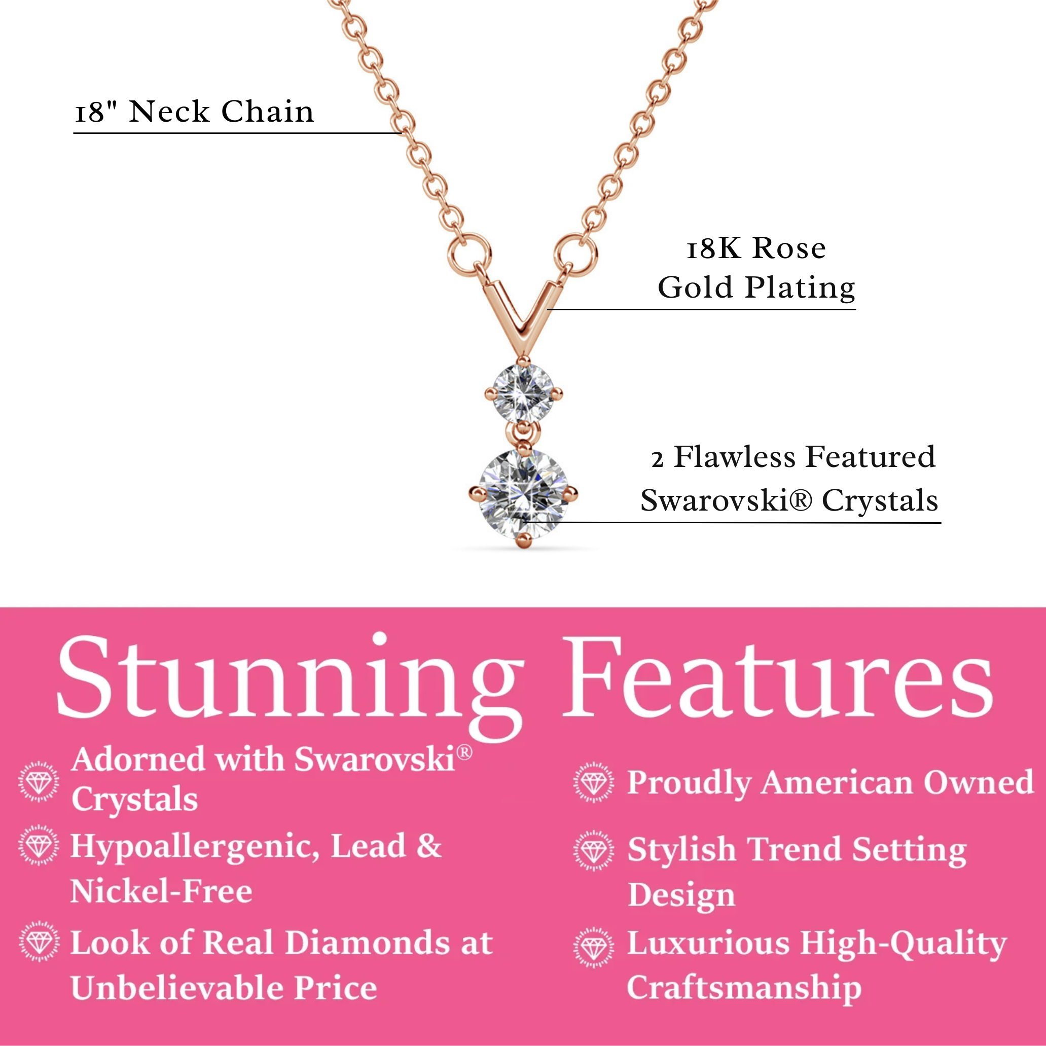 Andy“独特”18k 白金镀 2 石吊坠项链，镶有施华洛世奇水晶