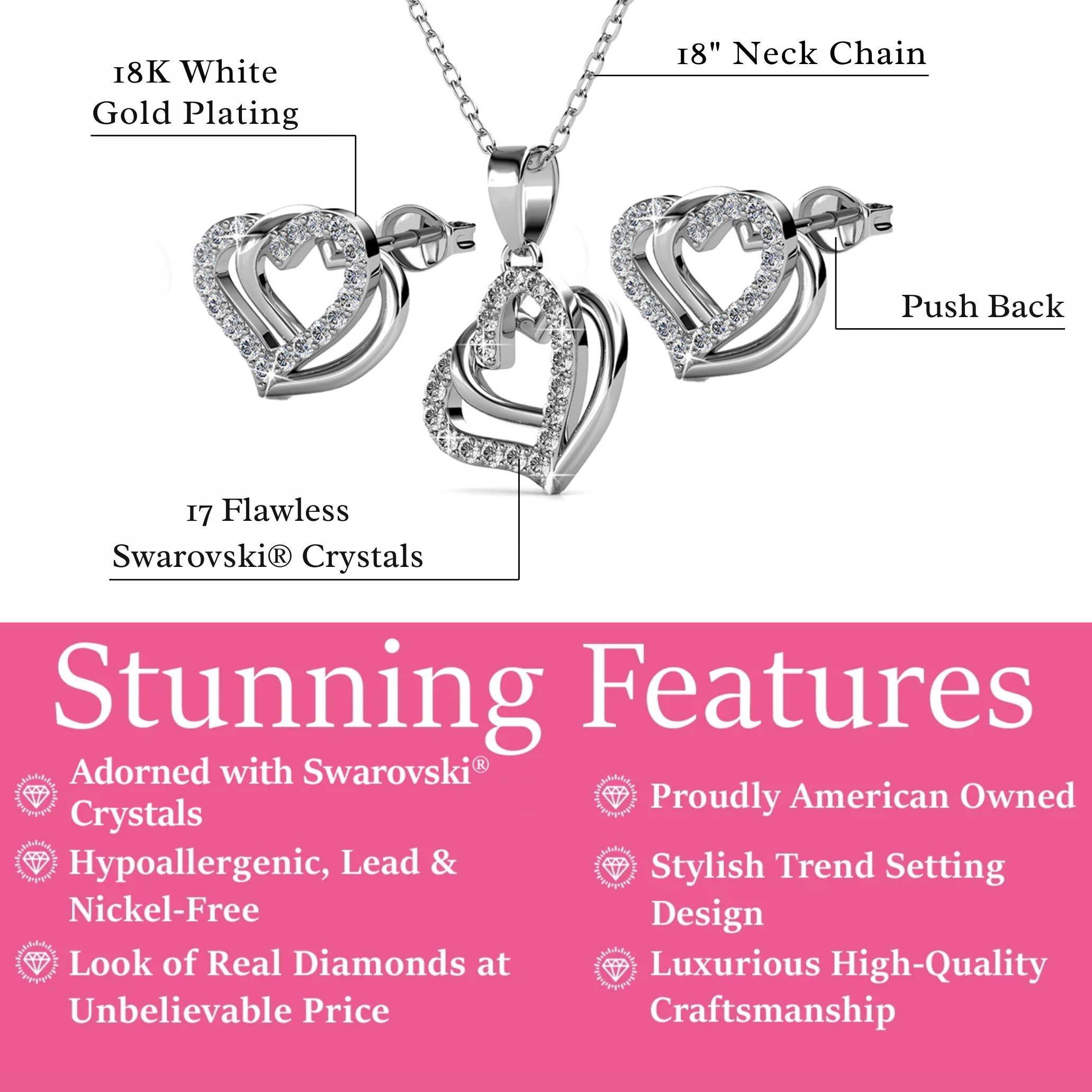 Angela 18k White Gold Plated Double Heart Stud Earrings and Necklace Set with Swarovski Crystals