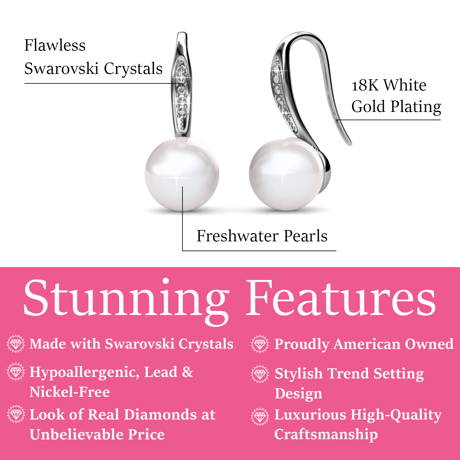 Ann 18k White Gold Freshwater Pearl Drop Earrings with Swarovski Crystals