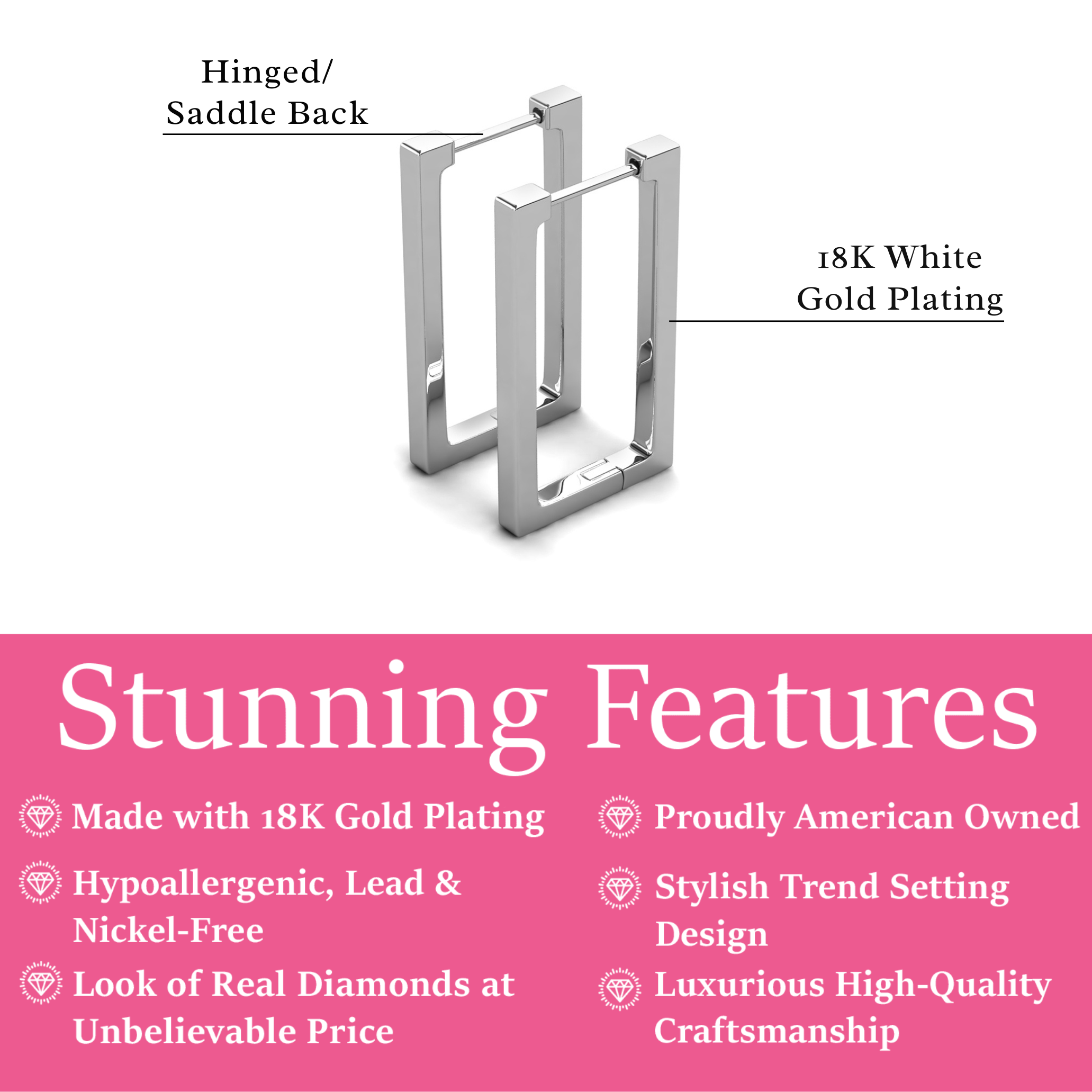 Annalise 18k White Gold Plated 24mm Silver Square  Hoop Earrings