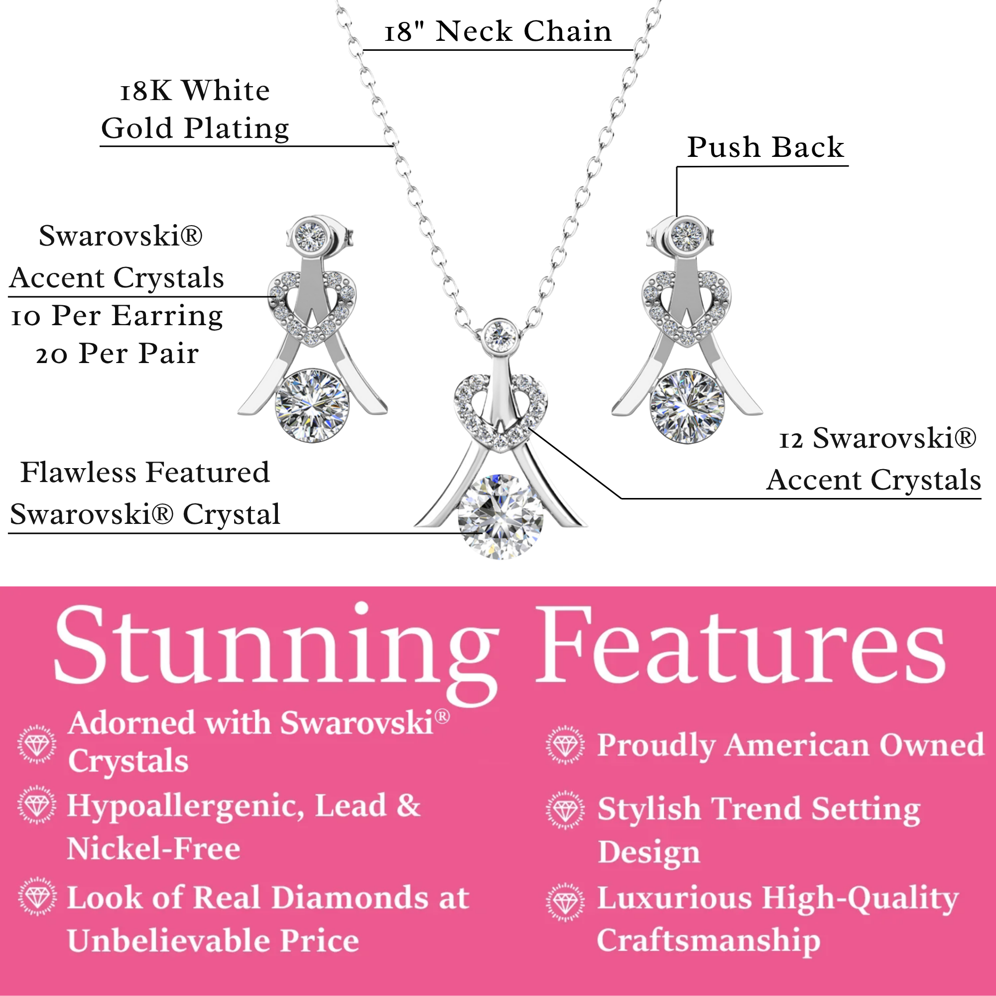 Serenity Birthstone 18k White Gold Plated Drop Earrings and Necklace Set with Swarovski Crystals