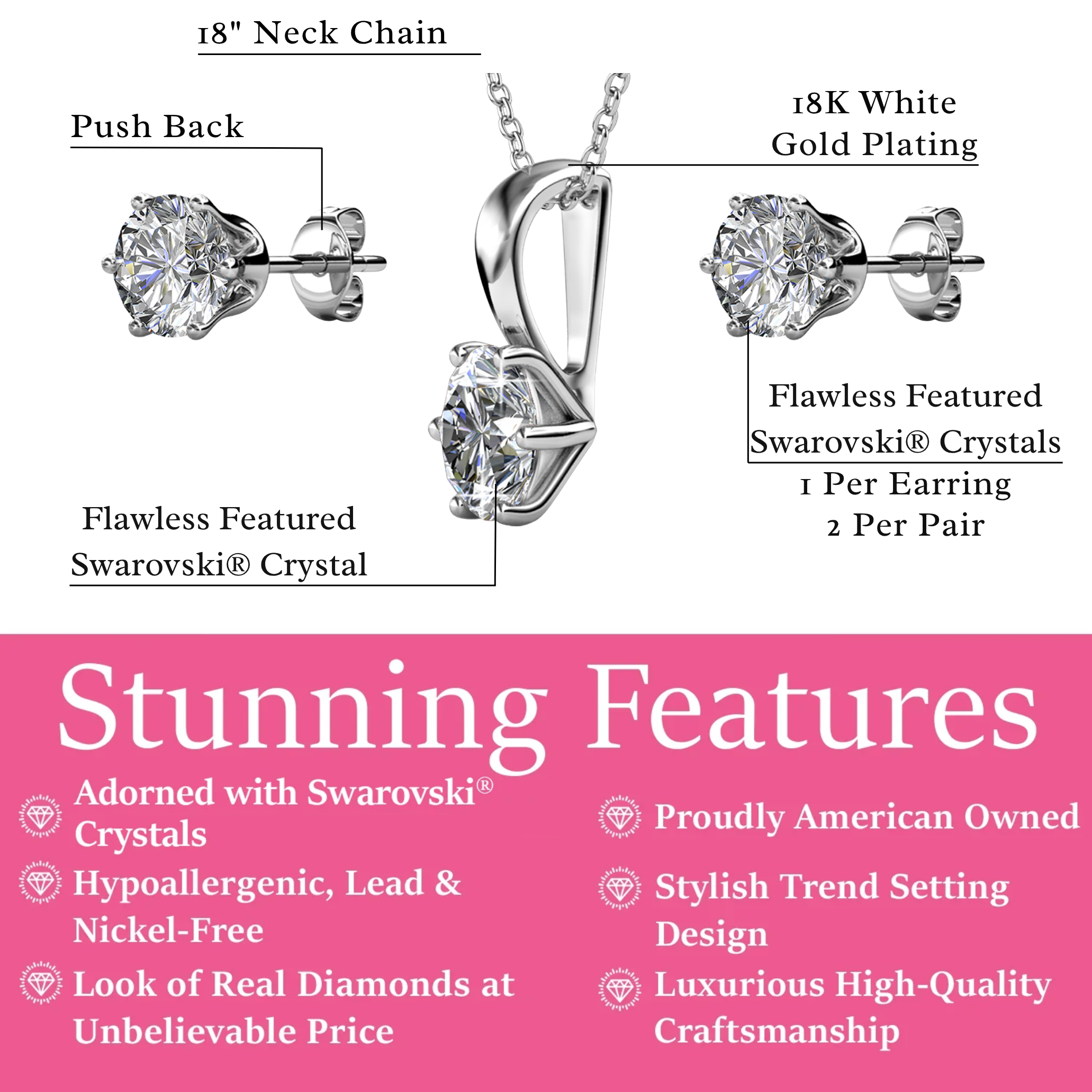 Birthstone 18k White Gold Plated Stud Earrings and Necklace Set with 1ct Swarovski Crystals