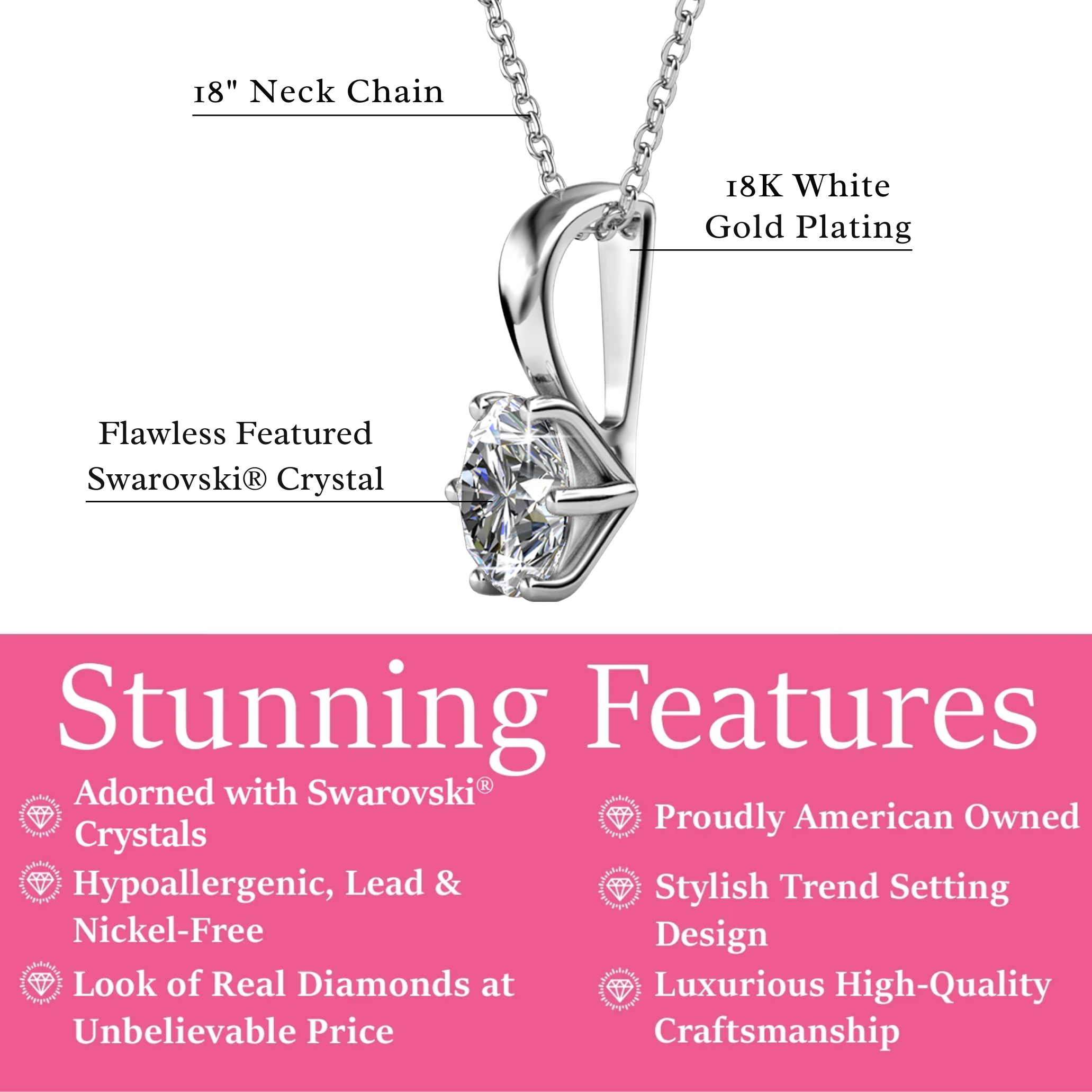 Birthstone Necklace 18k White Gold Plated Solitaire Necklace with 1ct Swarovski Crystal