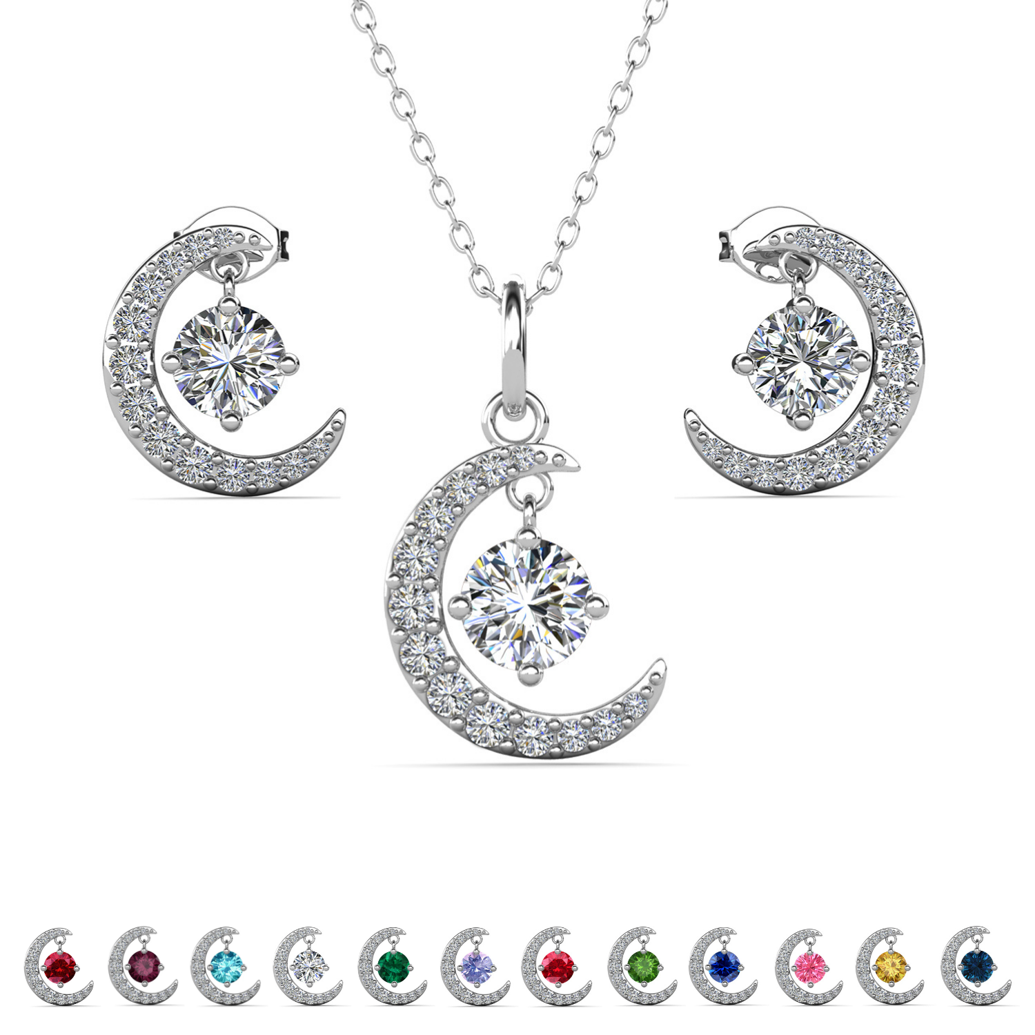 Luna Birthstone 18k White Gold Plated Silver Crescent Earrings and Necklace Set with Swarovski Crystals