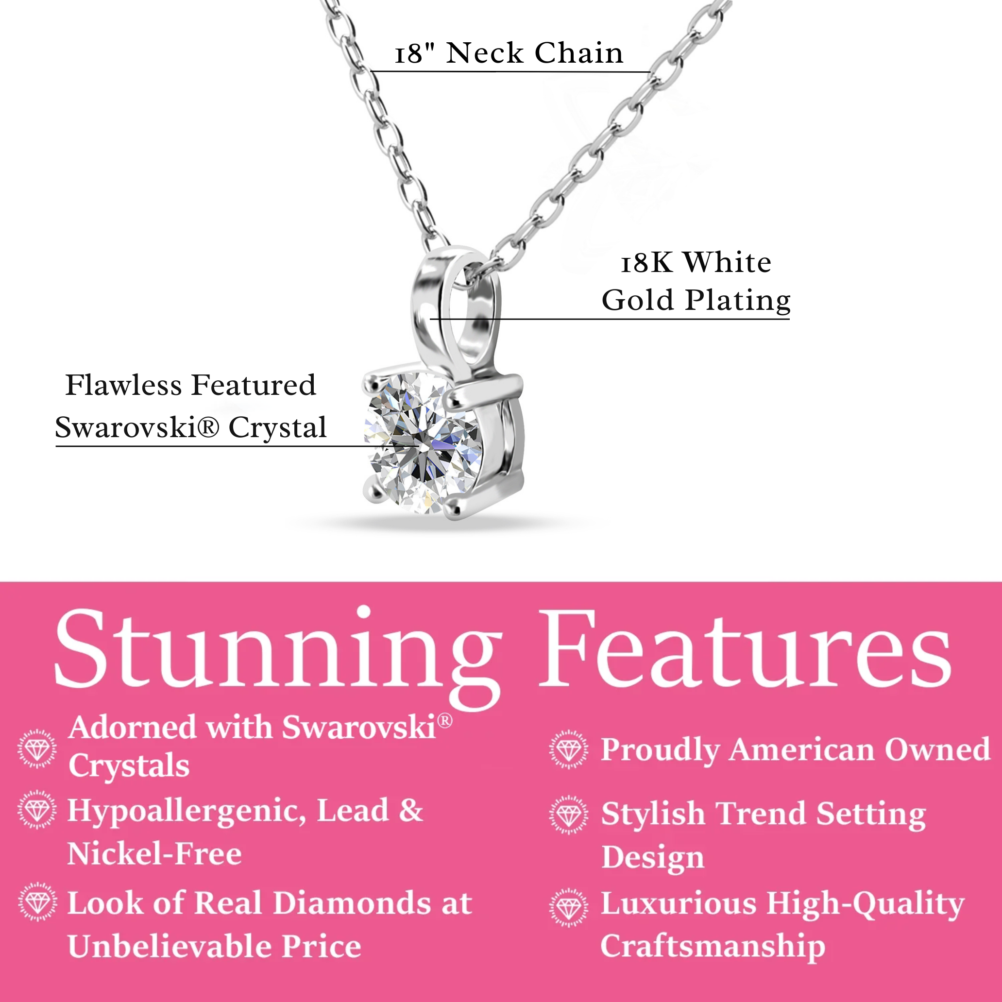 Araylia 18k White Gold Plated Necklace with Solitaire Round Cut Swarovski Crystal