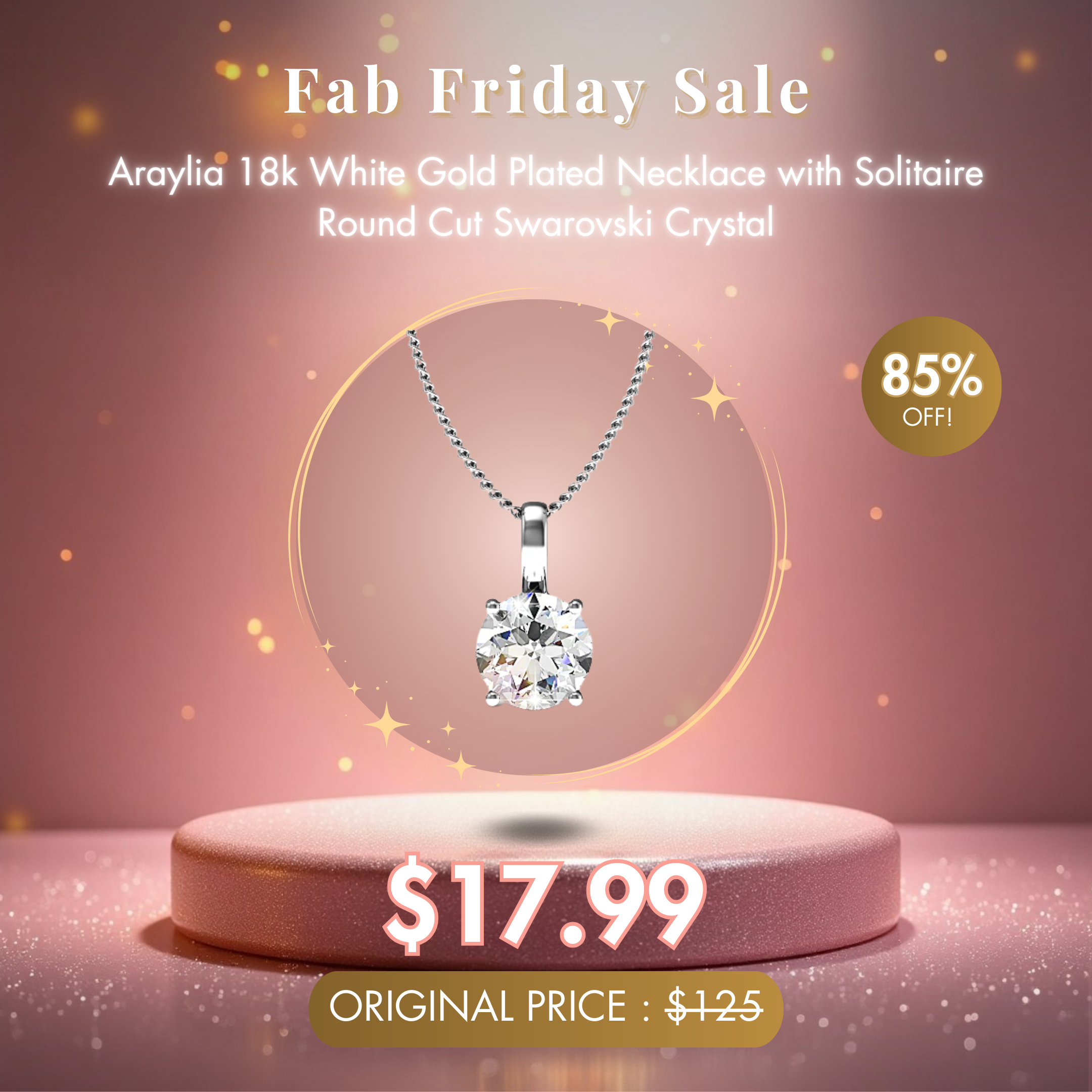 Araylia 18k White Gold Plated Necklace with Solitaire Round Cut Swarovski Crystal - Fab Friday Sale