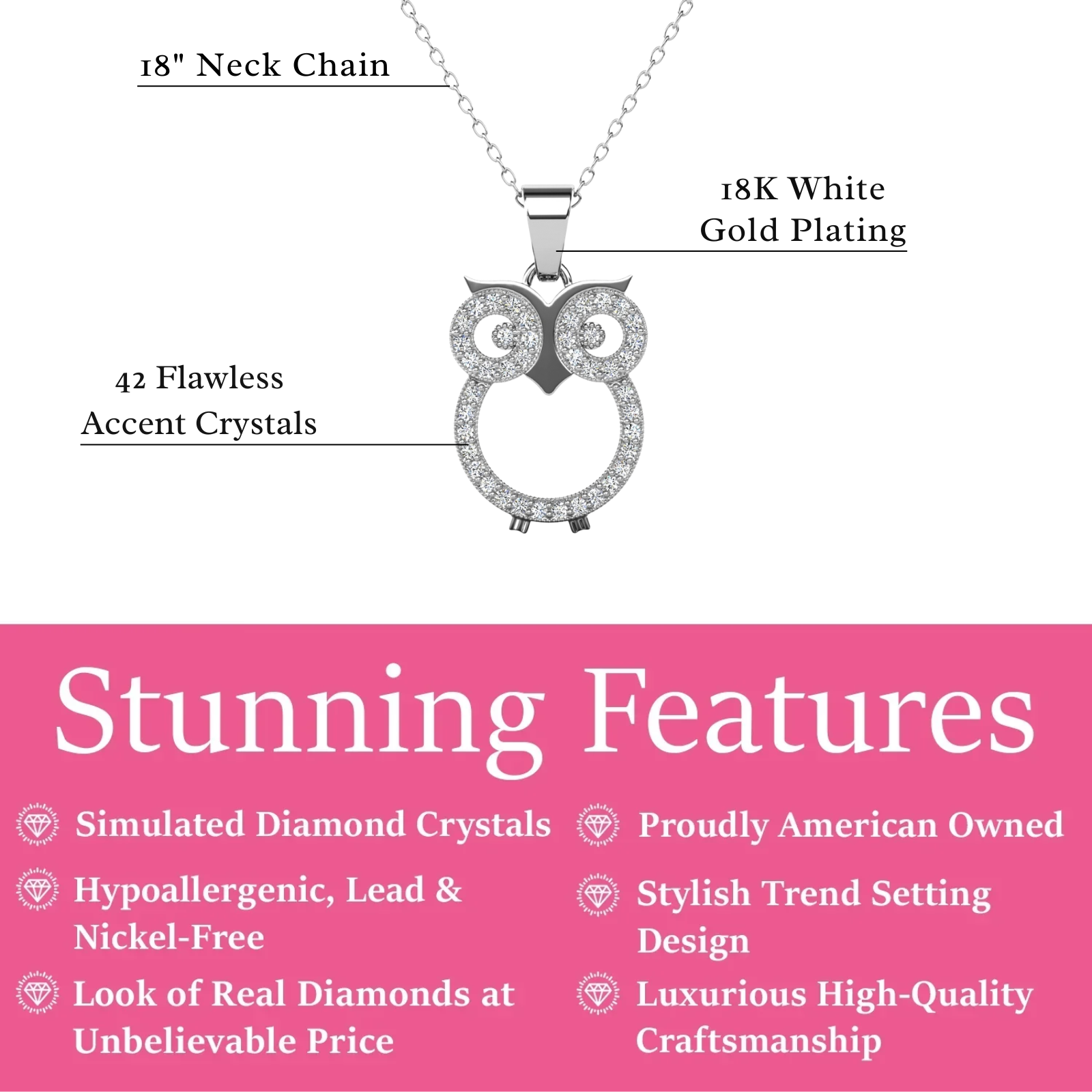 Ari 18k White Gold Plated Owl Pendant Necklace with Simulated Diamond Crystals