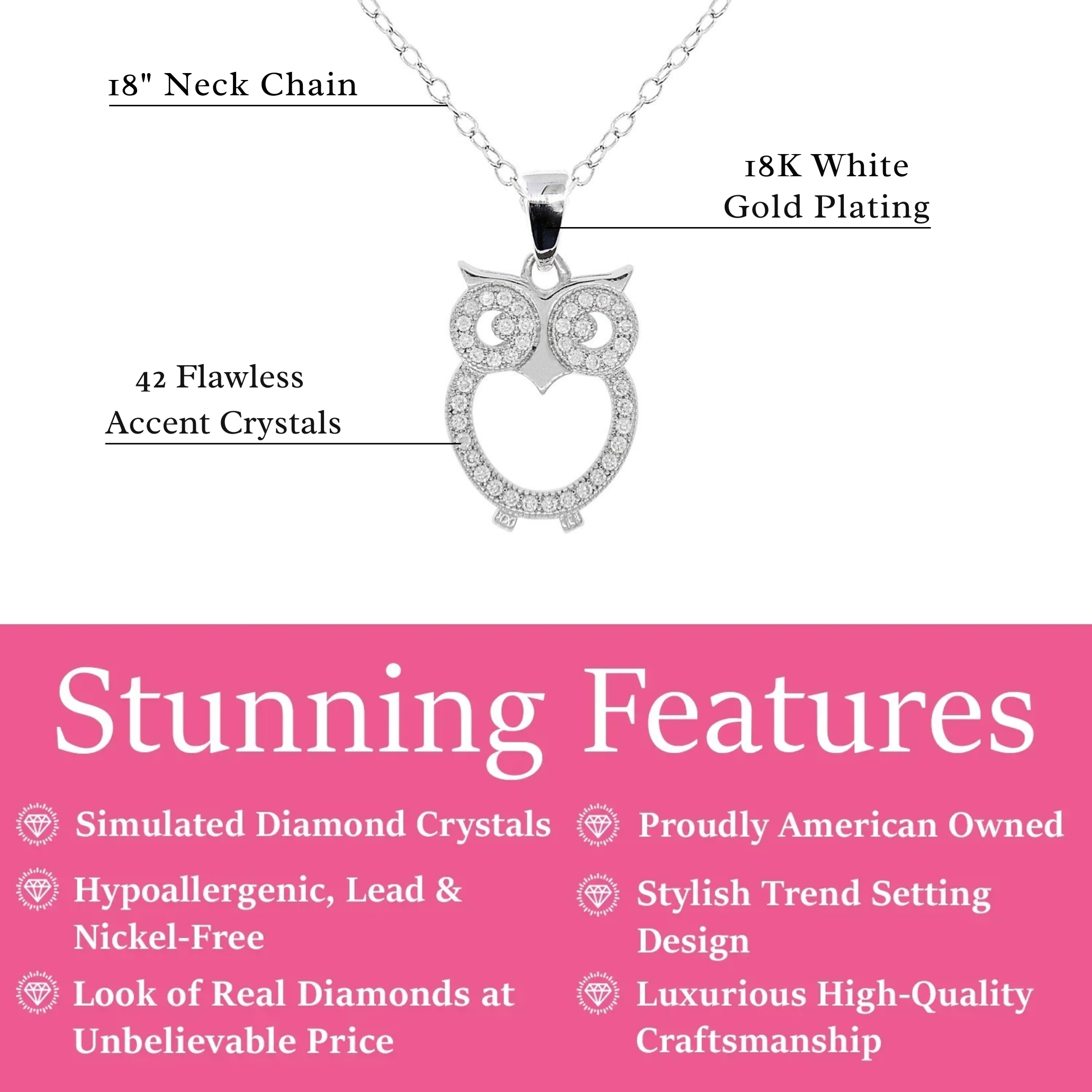 Ari“智慧”18k 镀白金猫头鹰吊坠项链，镶有 CZ 水晶