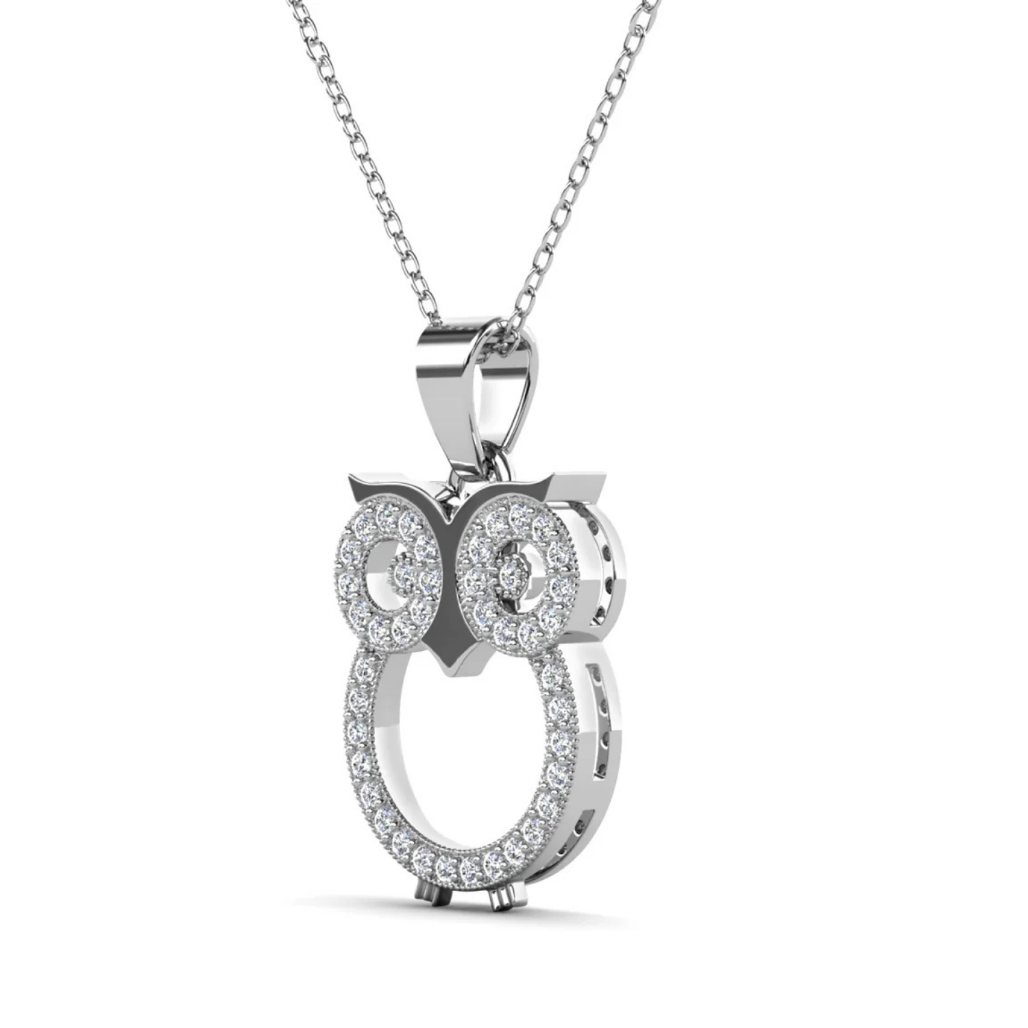 Ari 18k White Gold Plated Owl Pendant Necklace with Simulated Diamond Crystals