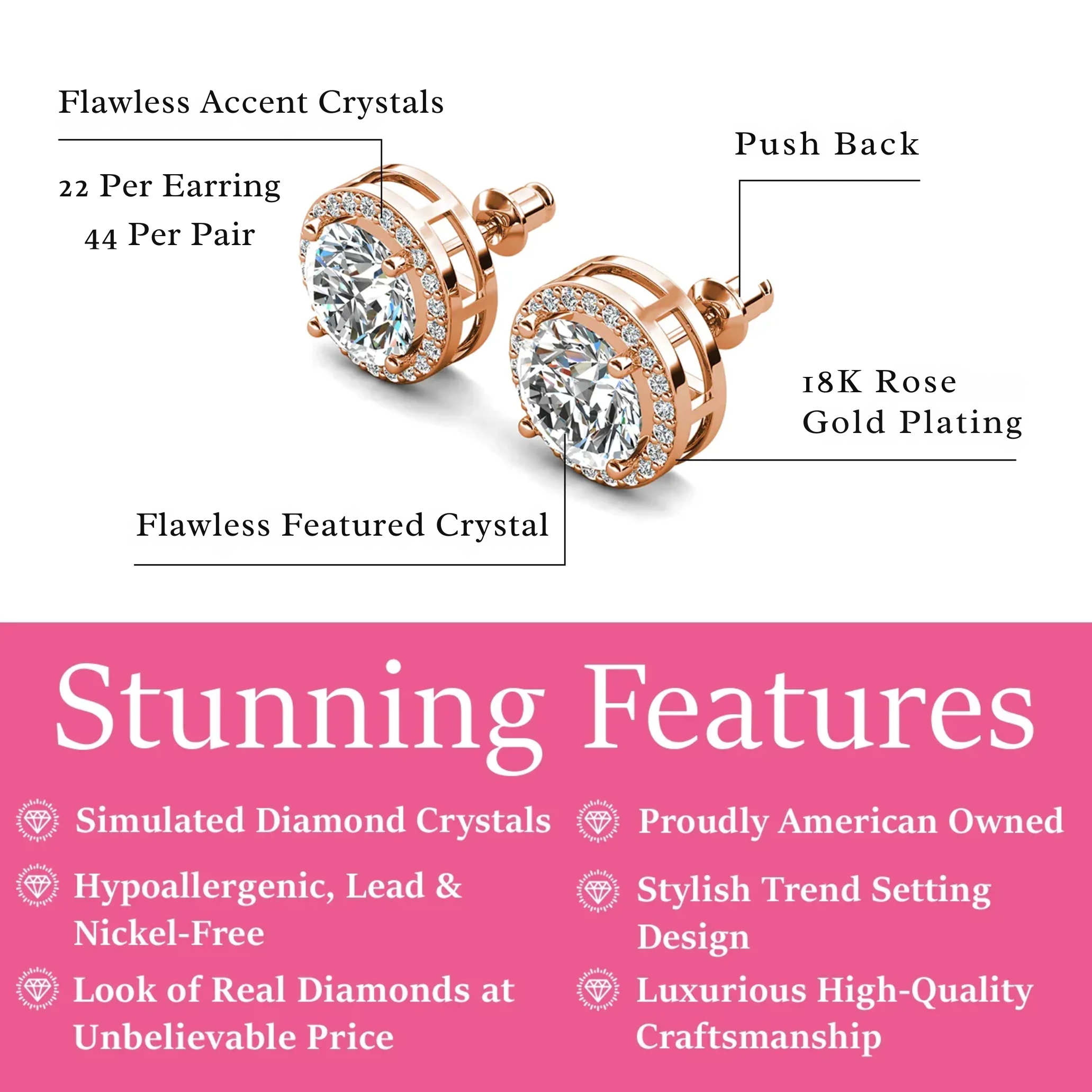 Pack of 3 - Ariel 18k Gold Plated Stud Earrings with Simulated Diamond Crystals