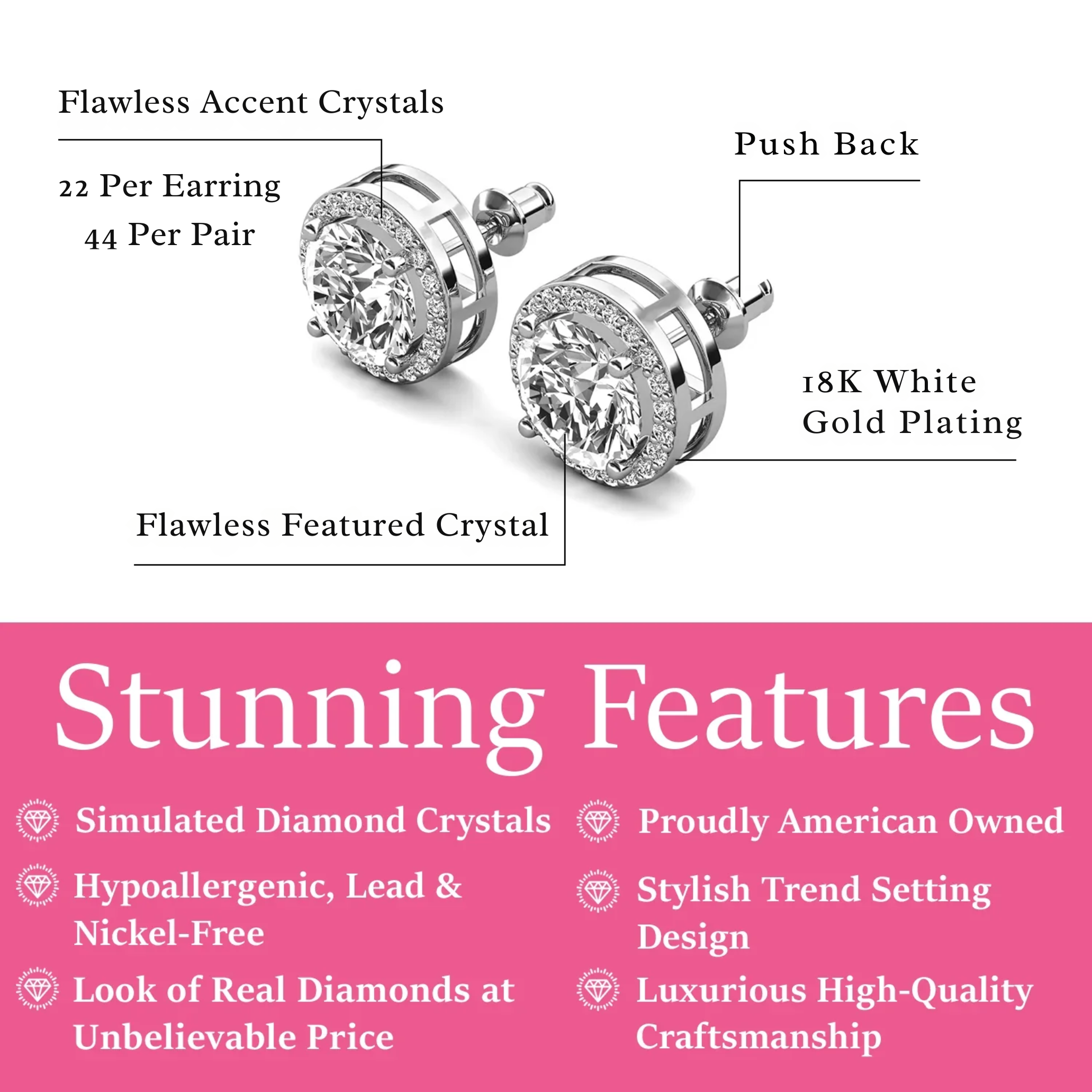 Pack of 3 - Ariel 18k Gold Plated Stud Earrings with Simulated Diamond Crystals