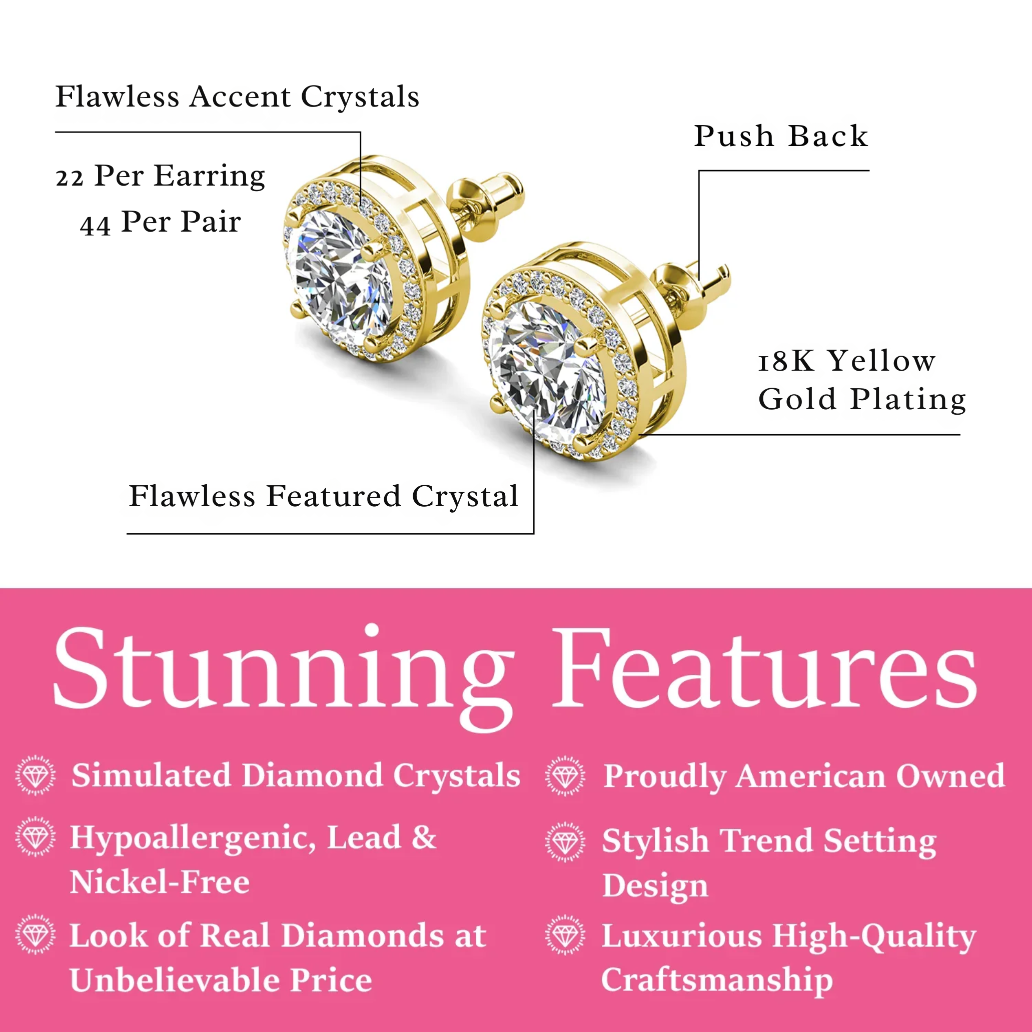 Pack of 3 - Ariel 18k Gold Plated Stud Earrings with Simulated Diamond Crystals
