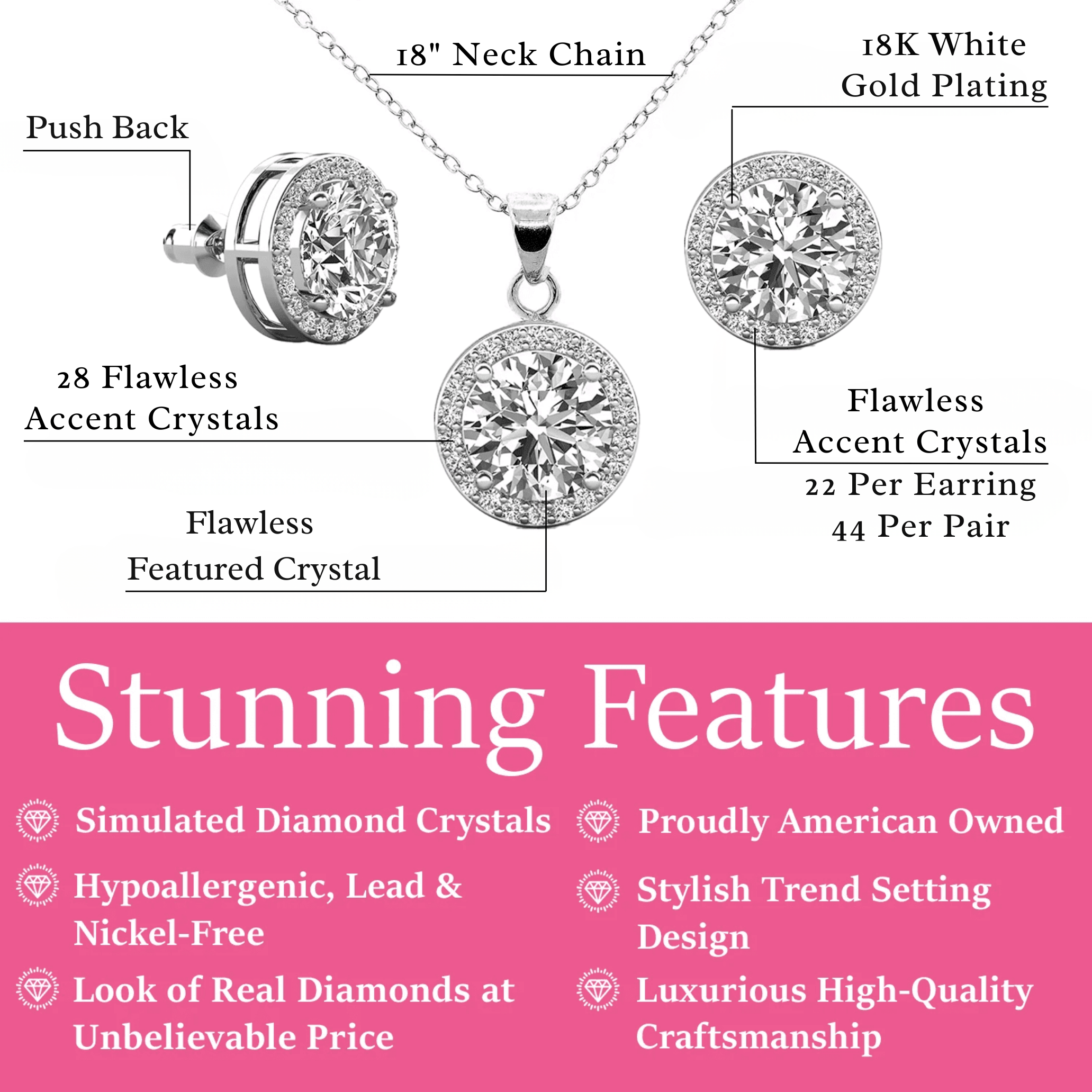 Ariel 18k White Gold Plated Halo Stud Earrings and Necklace Jewelry Set with Simulated Diamond Crystals