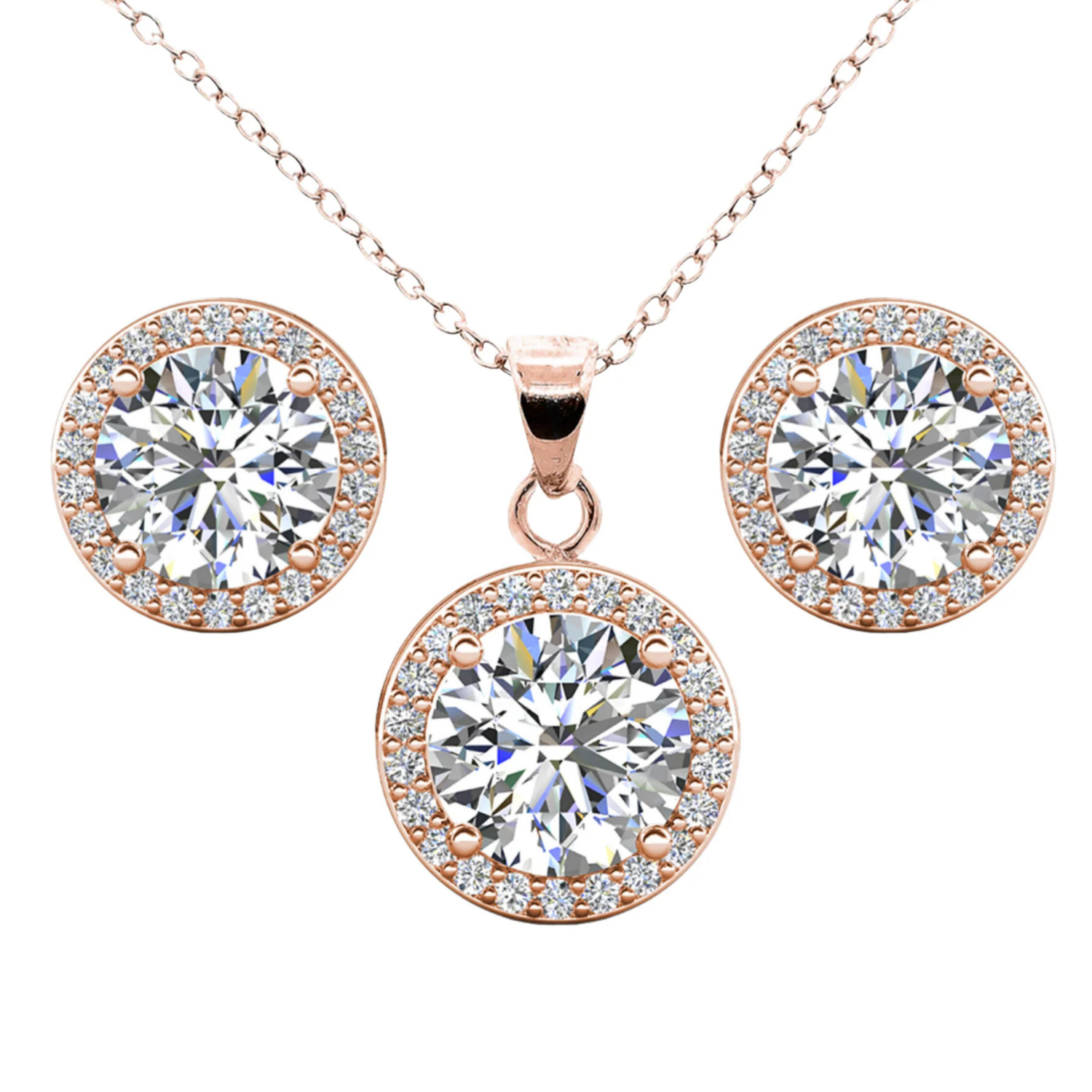 Ariel 18k White Gold Plated Halo Stud Earrings and Necklace Jewelry Set with Simulated Diamond Crystals