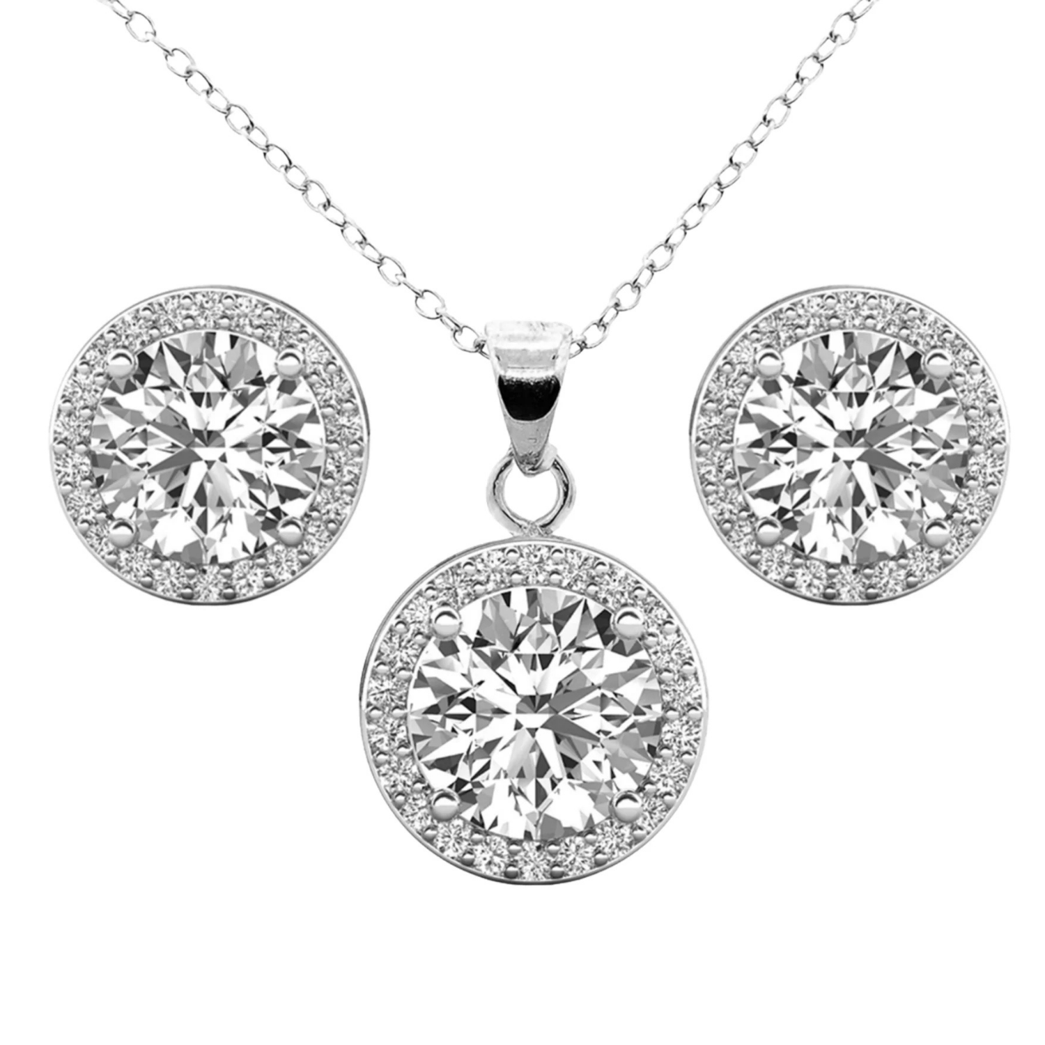 Ariel 18k White Gold Plated Halo Stud Earrings and Necklace Jewelry Set with Simulated Diamond Crystals