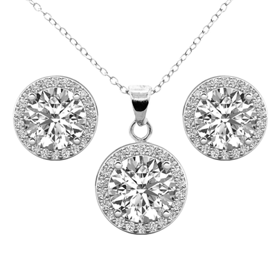 Ariel 18k White Gold Plated Halo Stud Earrings and Necklace Jewelry Set with Simulated Diamond Crystals