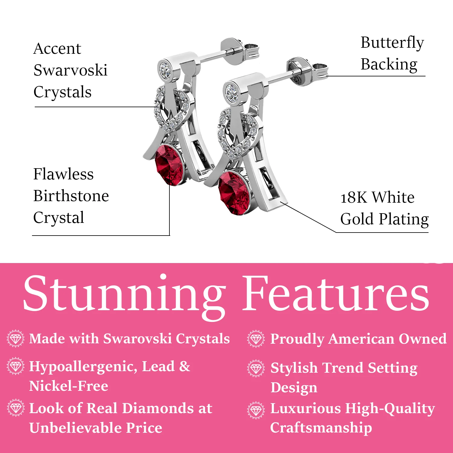 Serenity January Birthstone Garnet Earrings 18k White Gold Plated Silver Earrings with Round Cut Swarovski Crystals