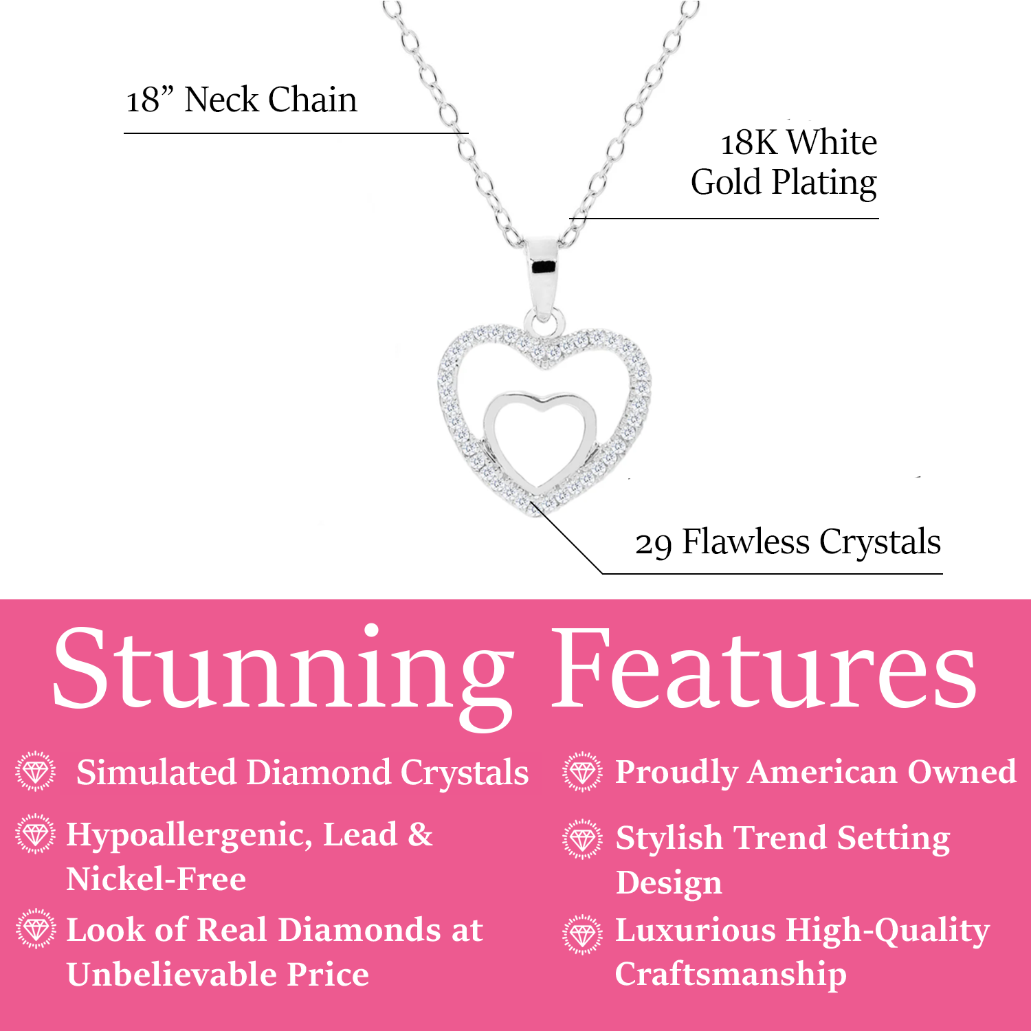Amorette 18k White Gold Plated Double Heart Pendant Necklace with Pave Simulated Diamond Crystals