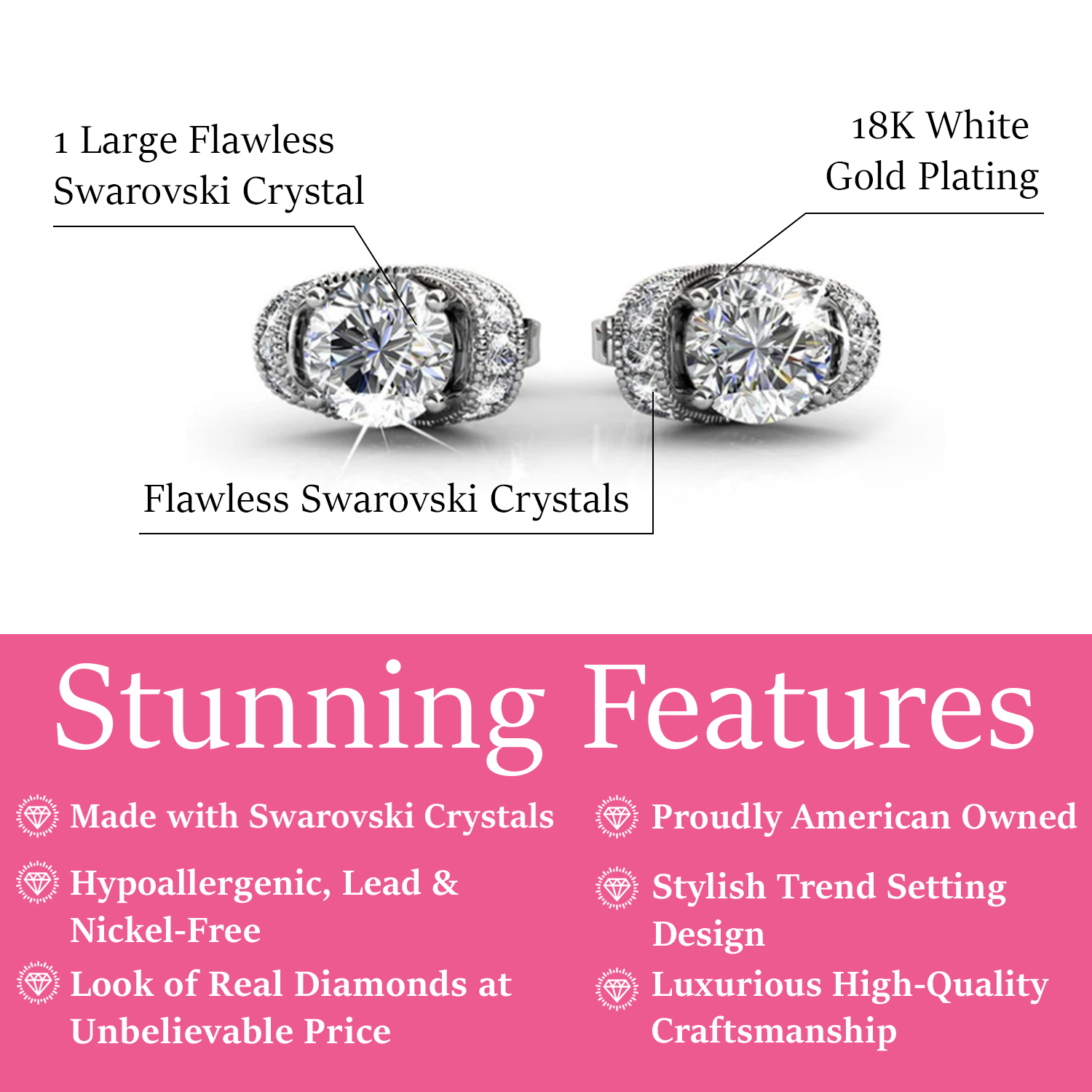 Astrid 18k White Gold Plated Stud Earrings with Simulated Diamond Crystals