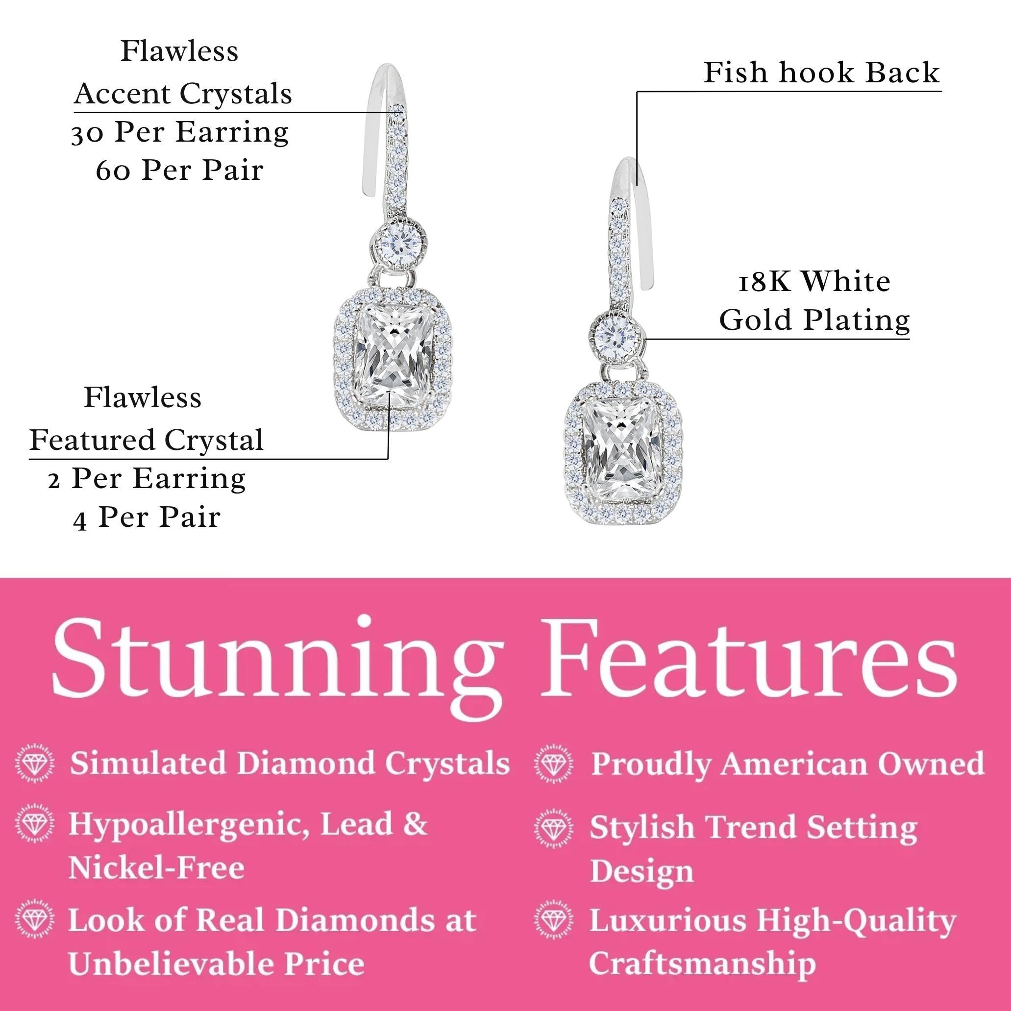 Athena 18k White Gold Plated Halo Dangle Earrings with Simulated Diamond Crystals
