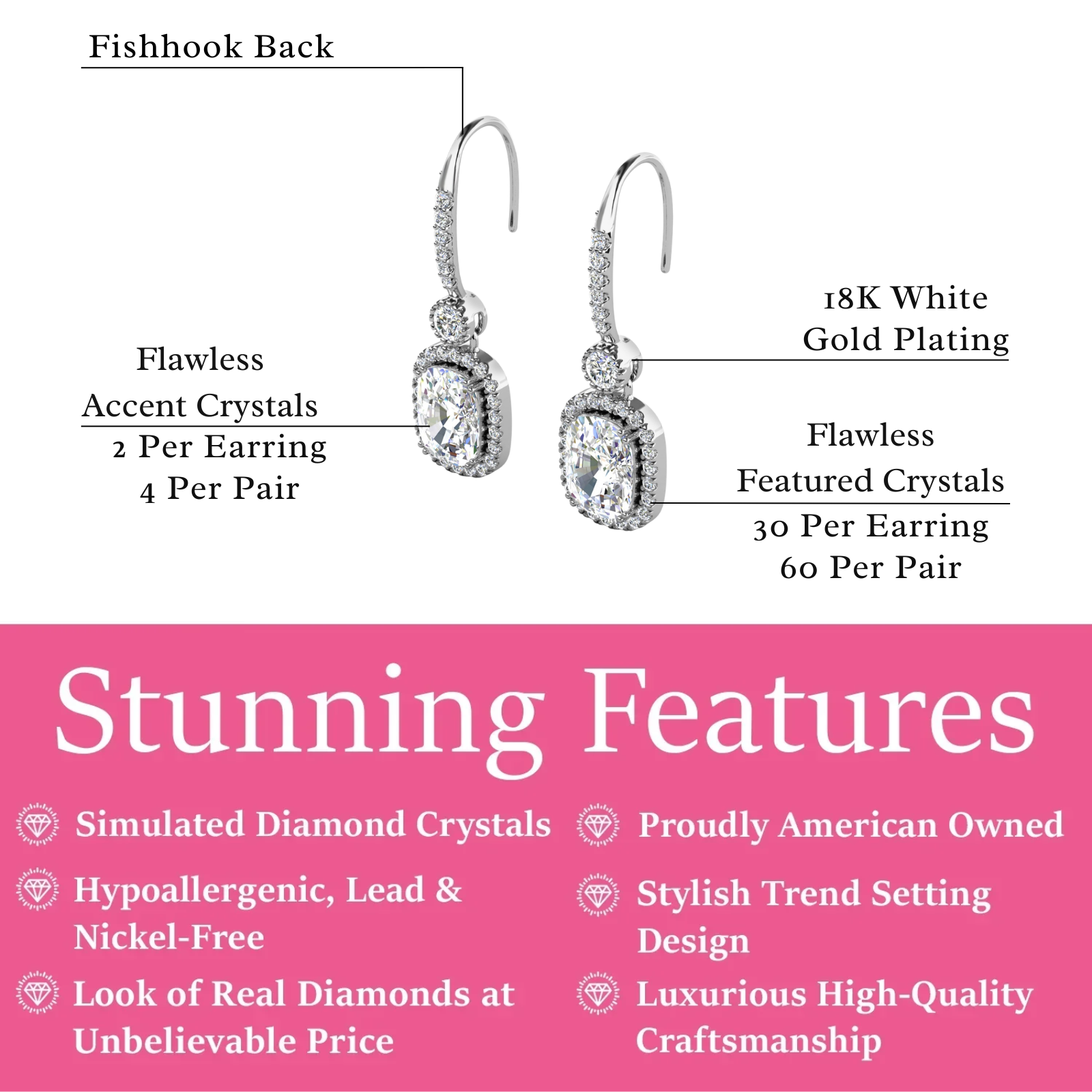 Athena 18k White Gold Plated Halo Dangle Earrings with Simulated Diamond Crystals