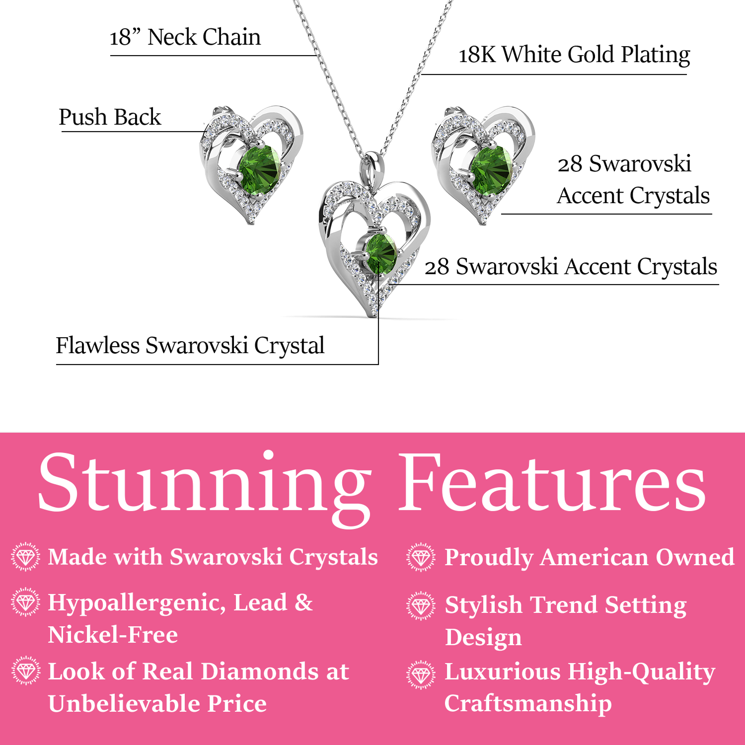 Forever Birthstone 18k White Gold Plated Silver Double Heart Earrings and Necklace Set with Swarovski Crystals