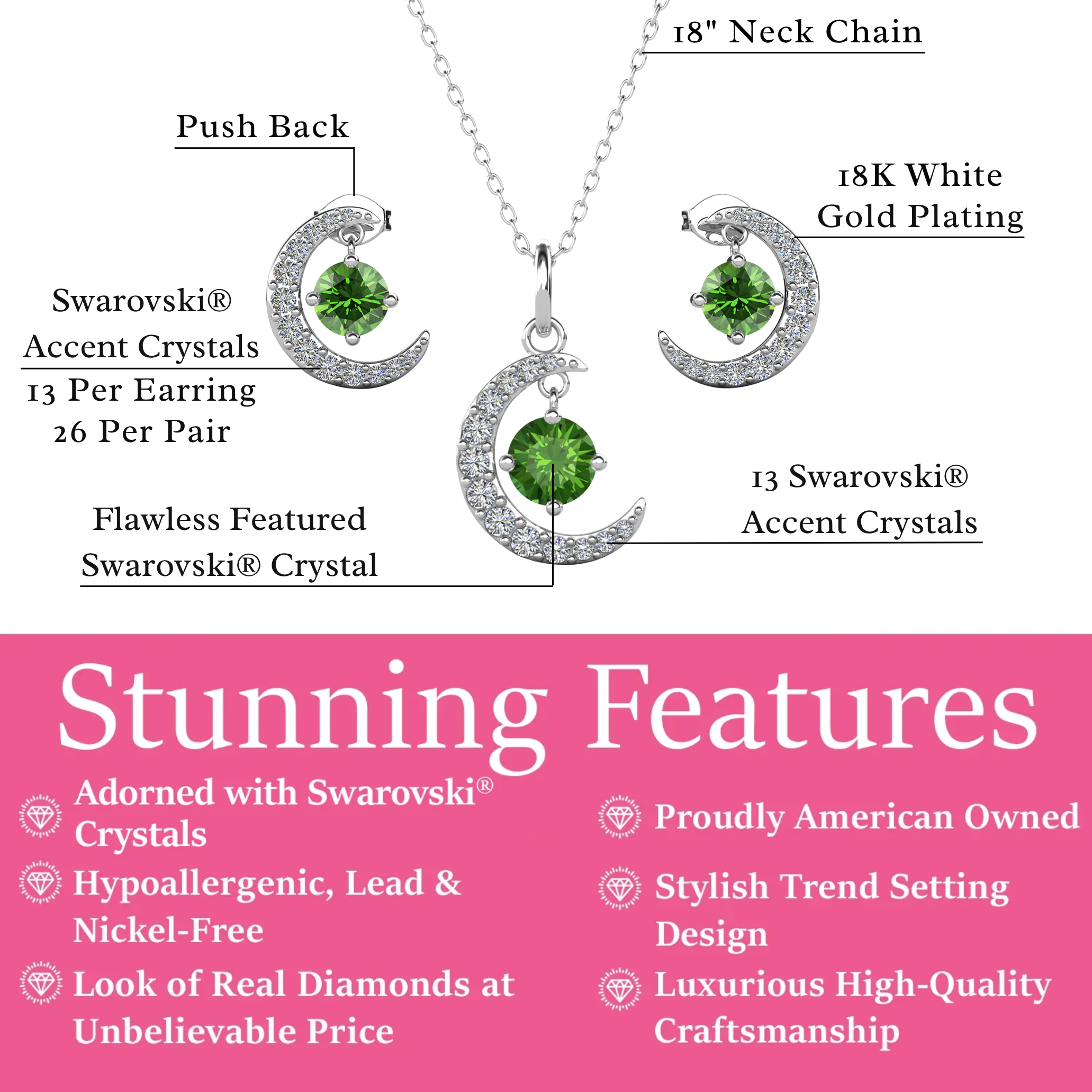 Luna Birthstone 18k White Gold Plated Silver Crescent Earrings and Necklace Set with Swarovski Crystals