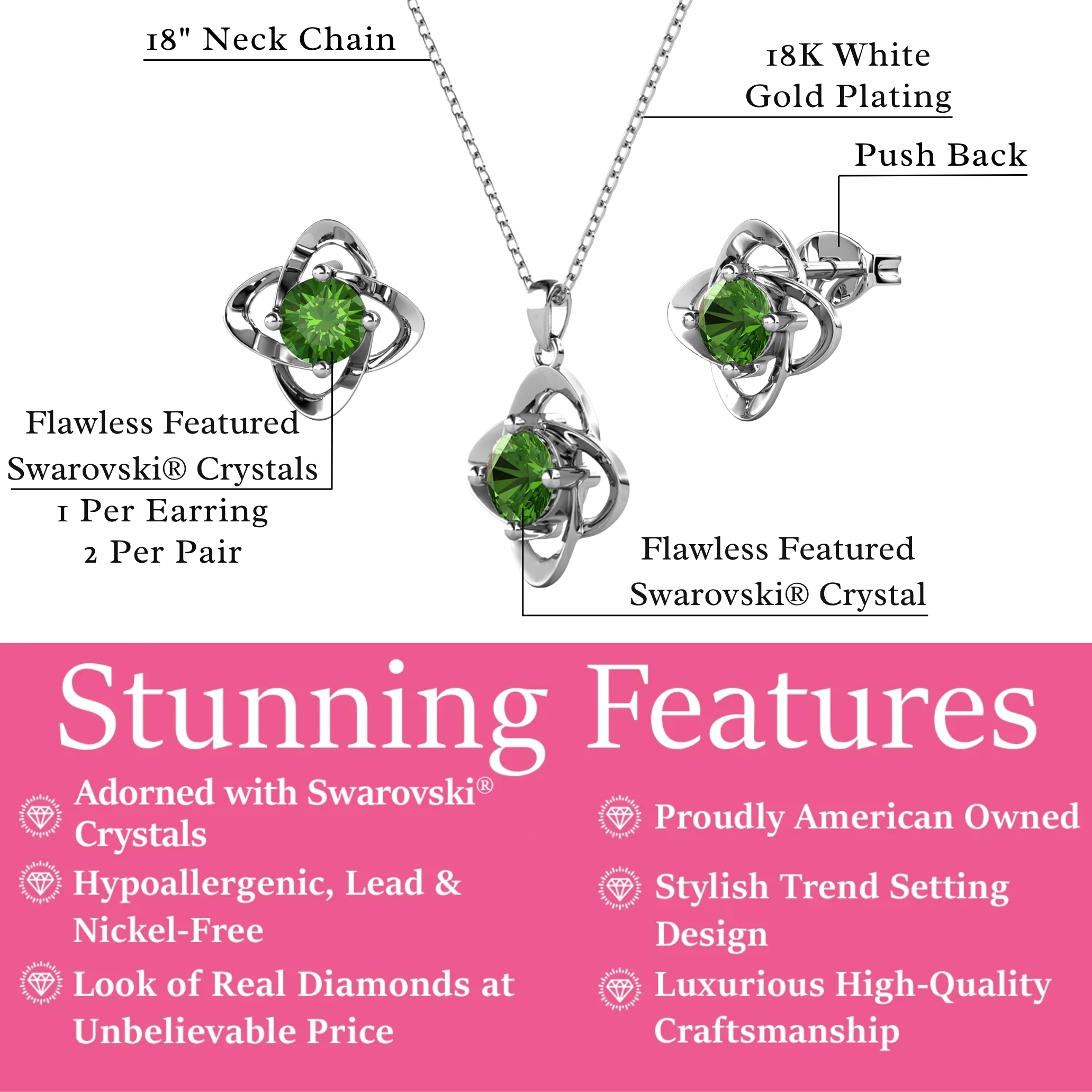 Infinity Birthstone 18k White Gold Plated Stud Earrings and Necklace Set with Swarovski Crystals