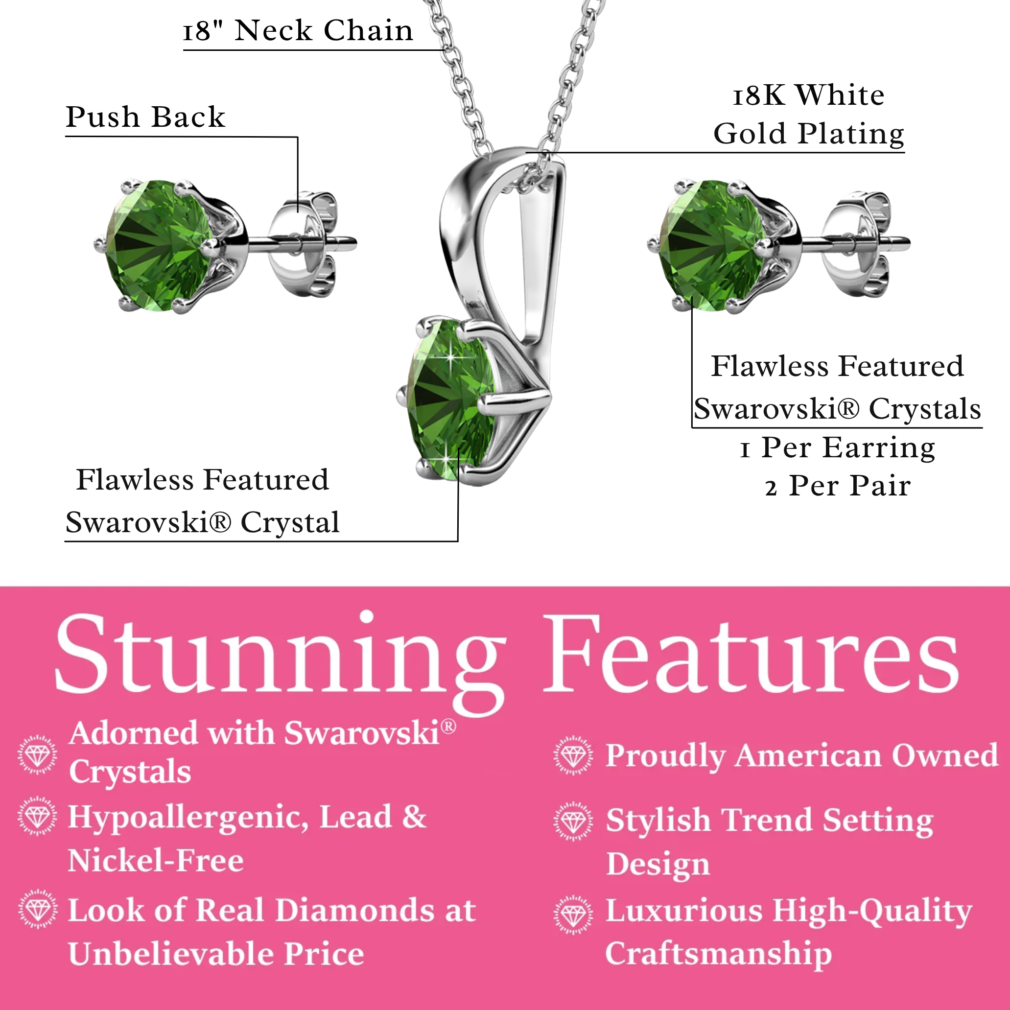 Birthstone 18k White Gold Plated Stud Earrings and Necklace Set with 1ct Swarovski Crystals