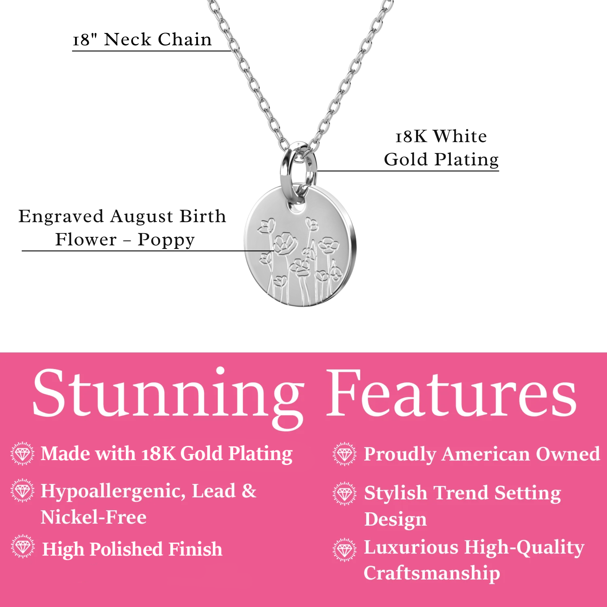 Floral 18k White Gold Plated Engraved Birth Month Flower Pendant Necklace