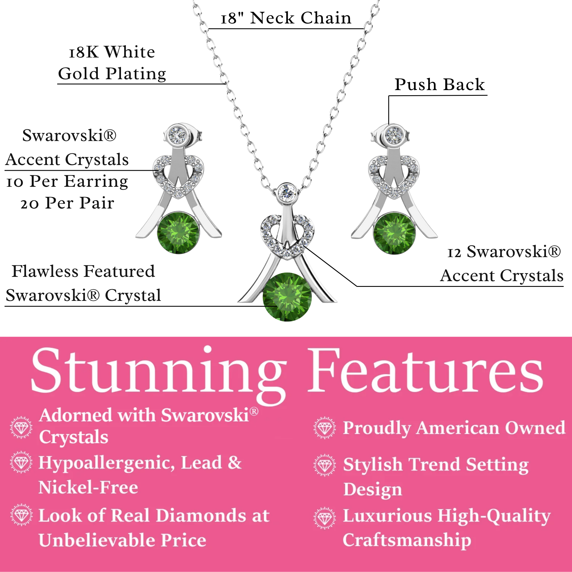 Serenity Birthstone 18k White Gold Plated Drop Earrings and Necklace Set with Swarovski Crystals
