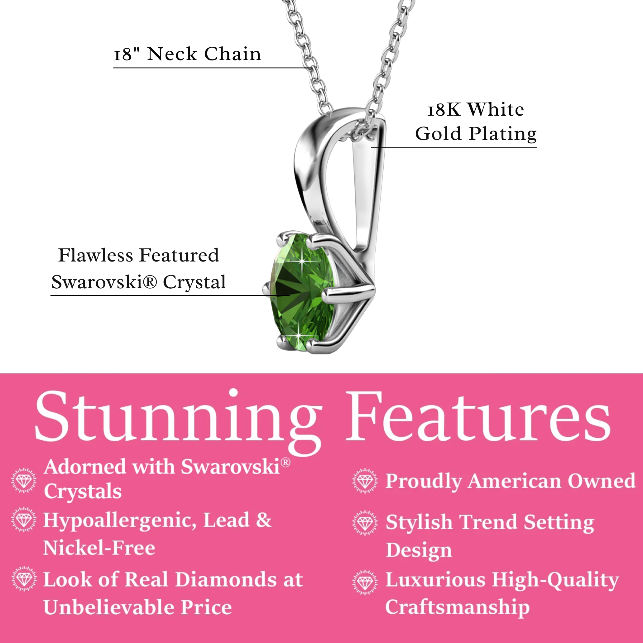 Birthstone Necklace 18k White Gold Plated Solitaire Necklace with 1ct Swarovski Crystal