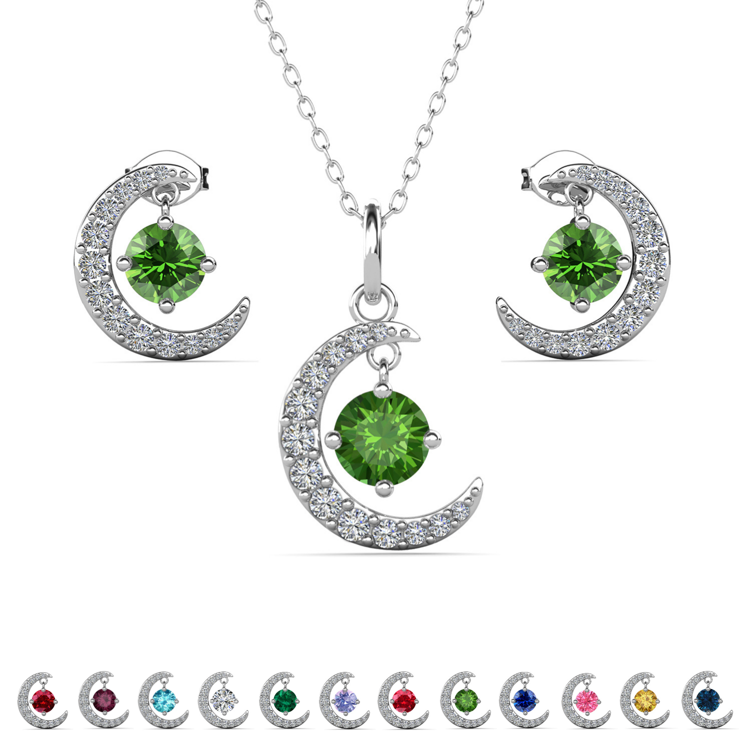 Luna Birthstone 18k White Gold Plated Silver Crescent Earrings and Necklace Set with Swarovski Crystals