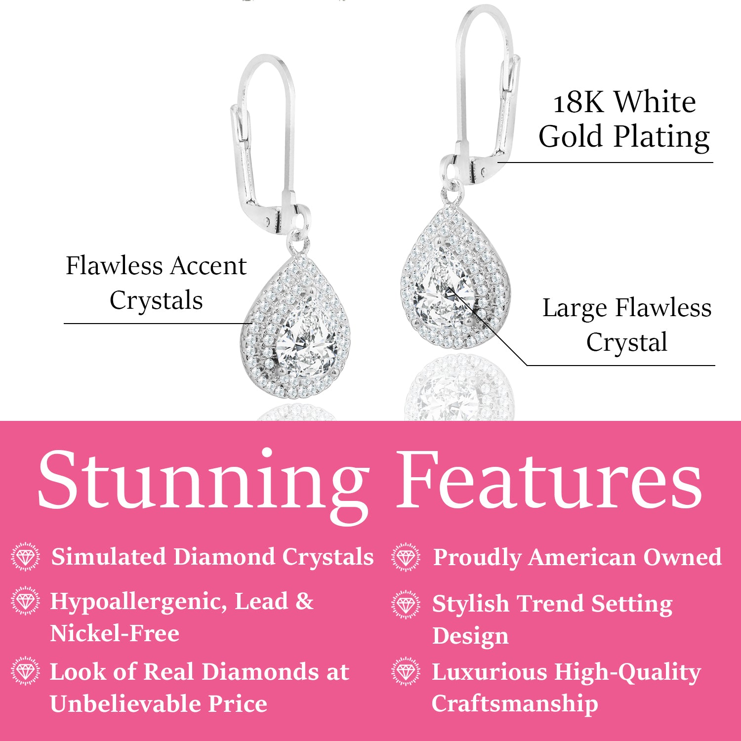 Aurelia 18k White Gold Plated Tear Drop Earrings with Simulated Diamond CZ Crystals