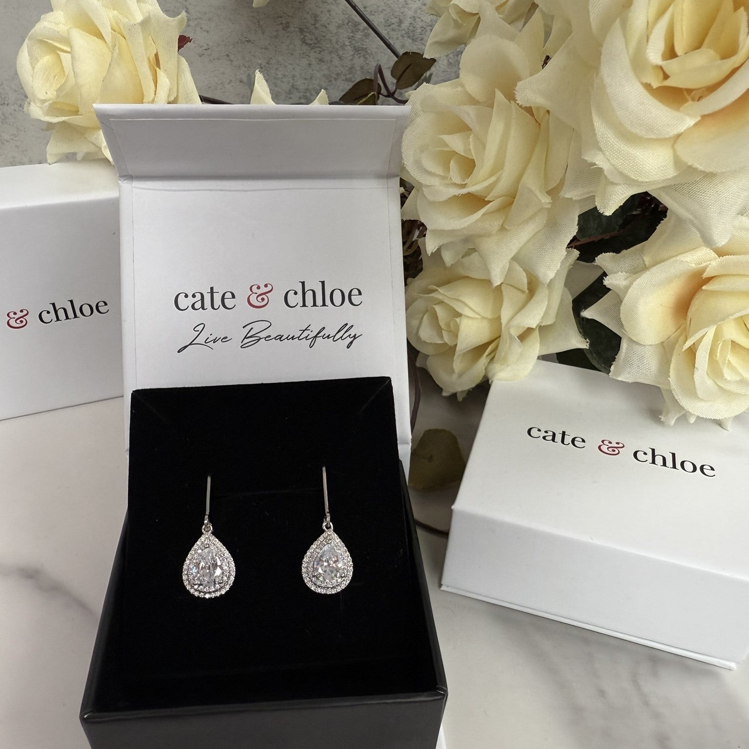 Aurelia 18k White Gold Plated Tear Drop Earrings with Simulated Diamond Crystals